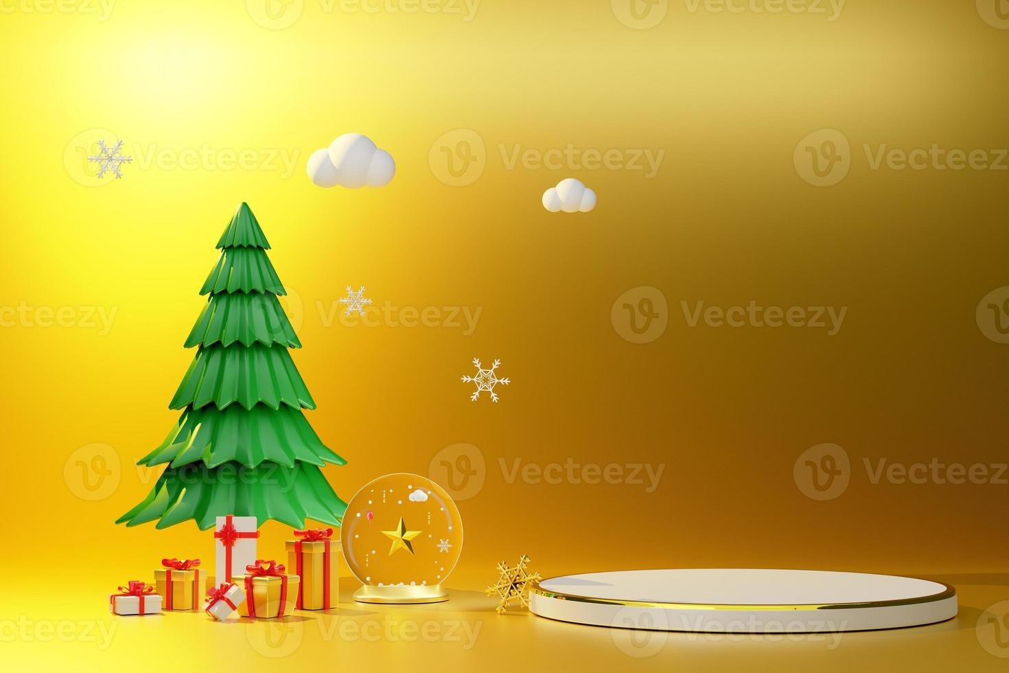 Podium empty and Christmas tree with gift box and ornaments in Gold composition for modern stage display and minimalist mockup ,Concept Christmas and a festive New Year, 3d illustration or 3d render photo