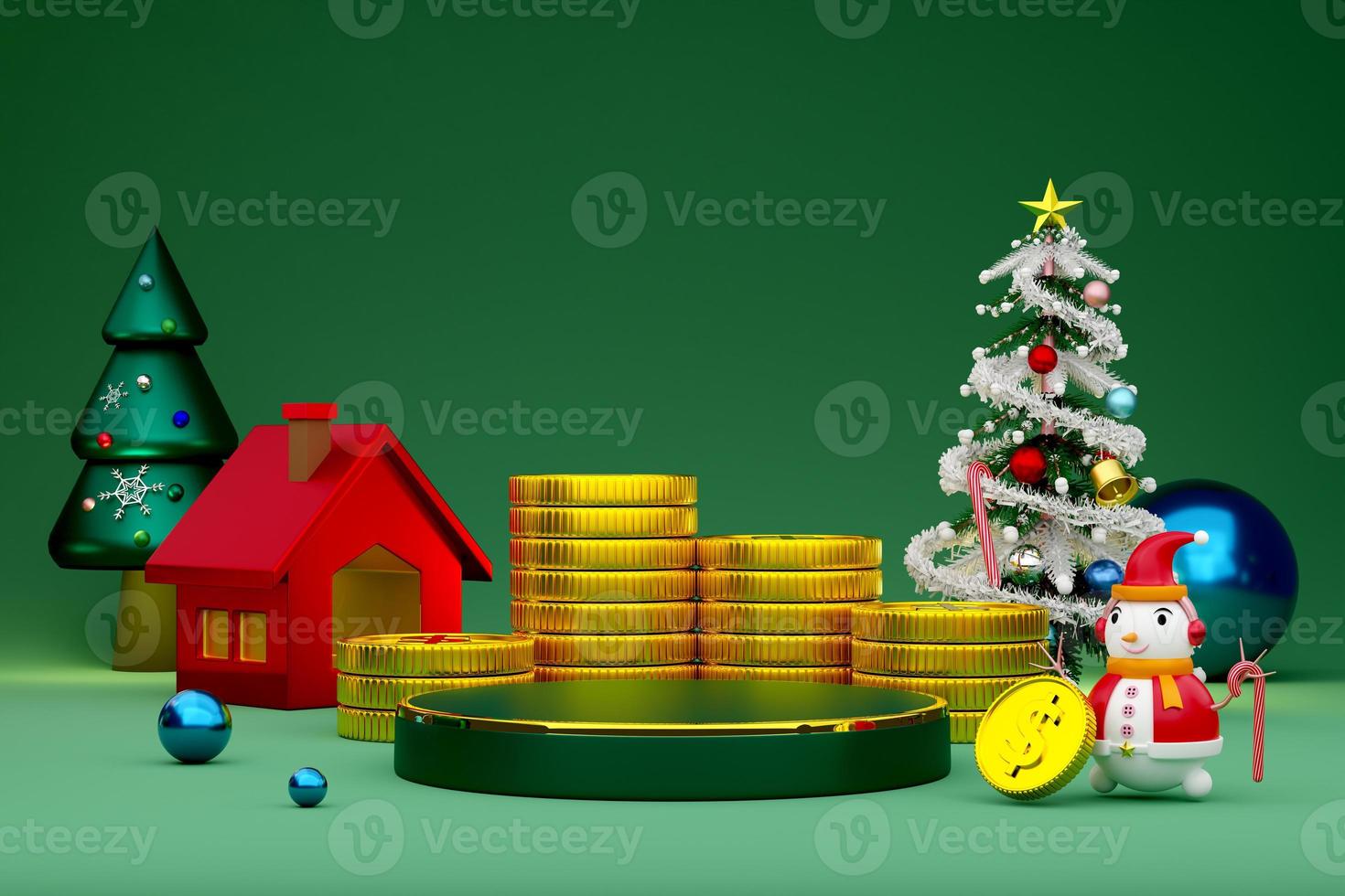 Podium empty and snowman with gold coin and Christmas tree in green composition for website or poster or Happiness cards,Christmas banner and festive New Year, realistic 3d illustration or 3d render photo