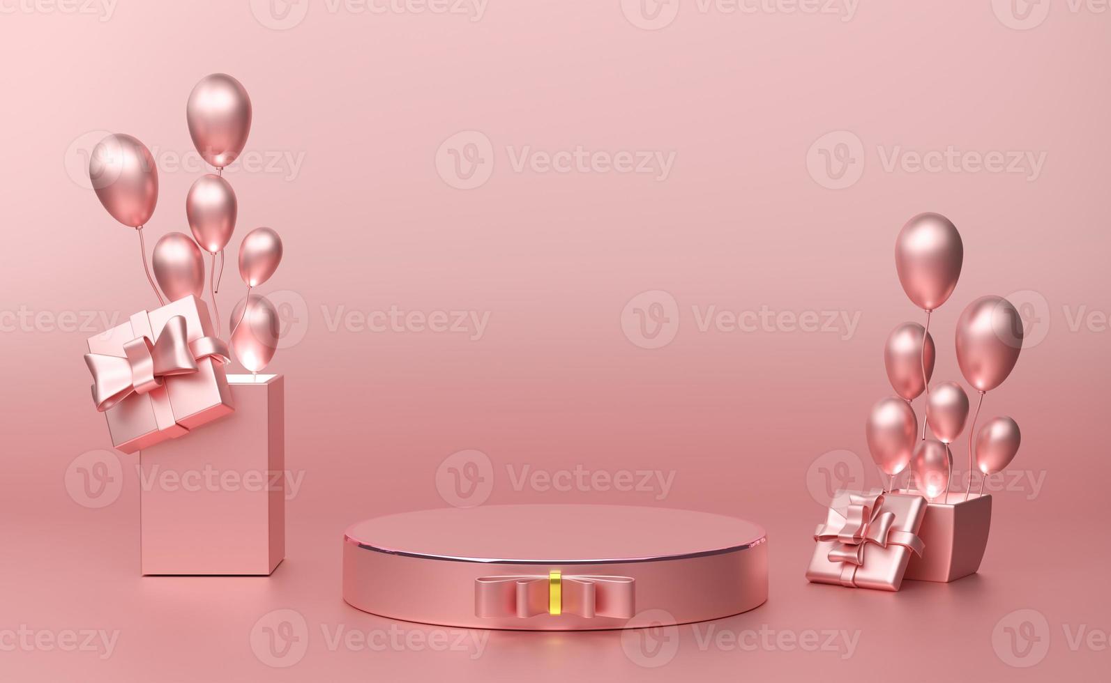 podium empty with geometric shapes and gift box in pink pastel composition for modern stage display and minimalist mockup ,birthday balloons and party or celebrations ,3d illustration or 3d render photo