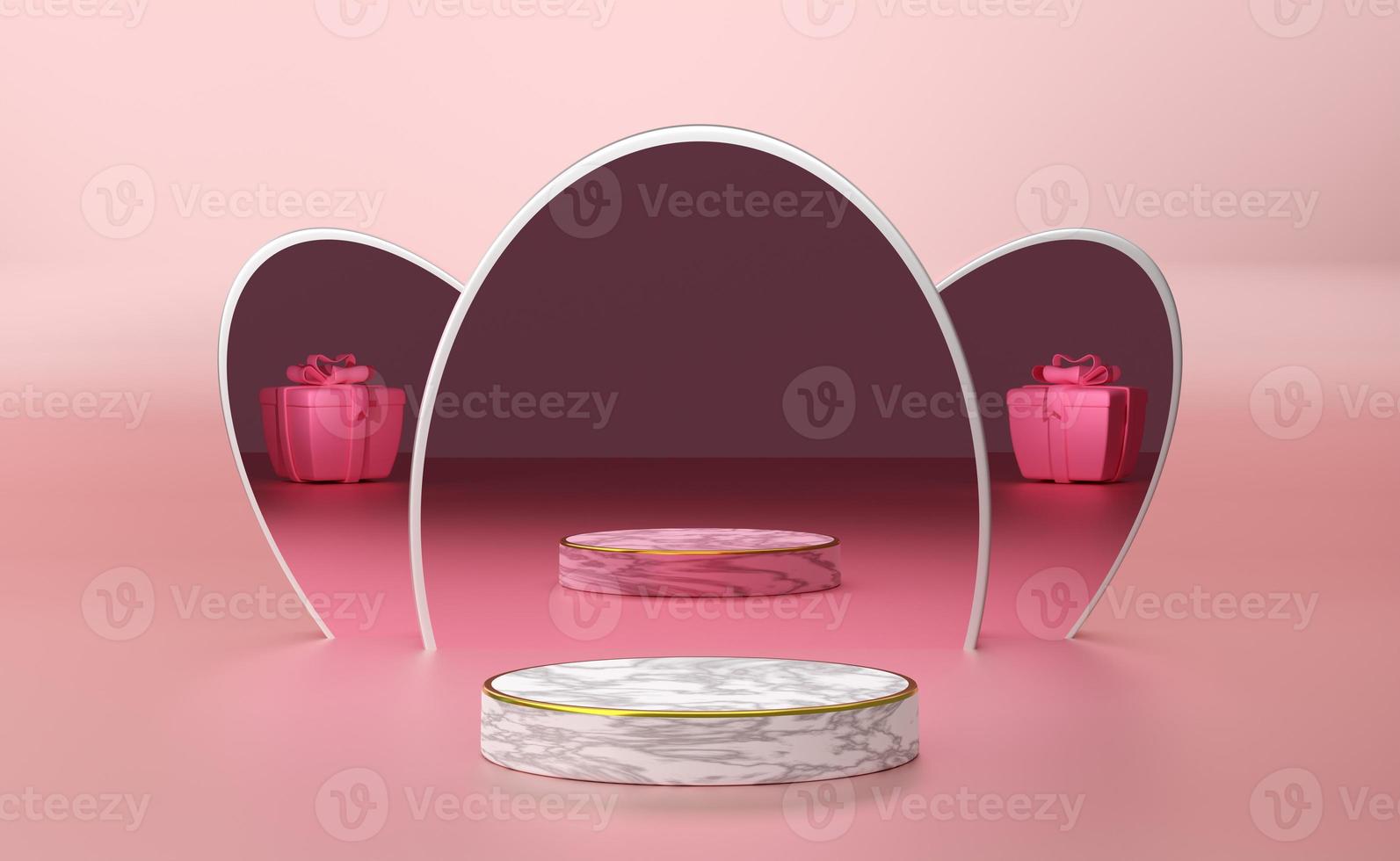 podium empty with geometric shapes in pink pastel composition for modern stage display and minimalist mockup ,abstract showcase background ,Concept 3d illustration or 3d render photo