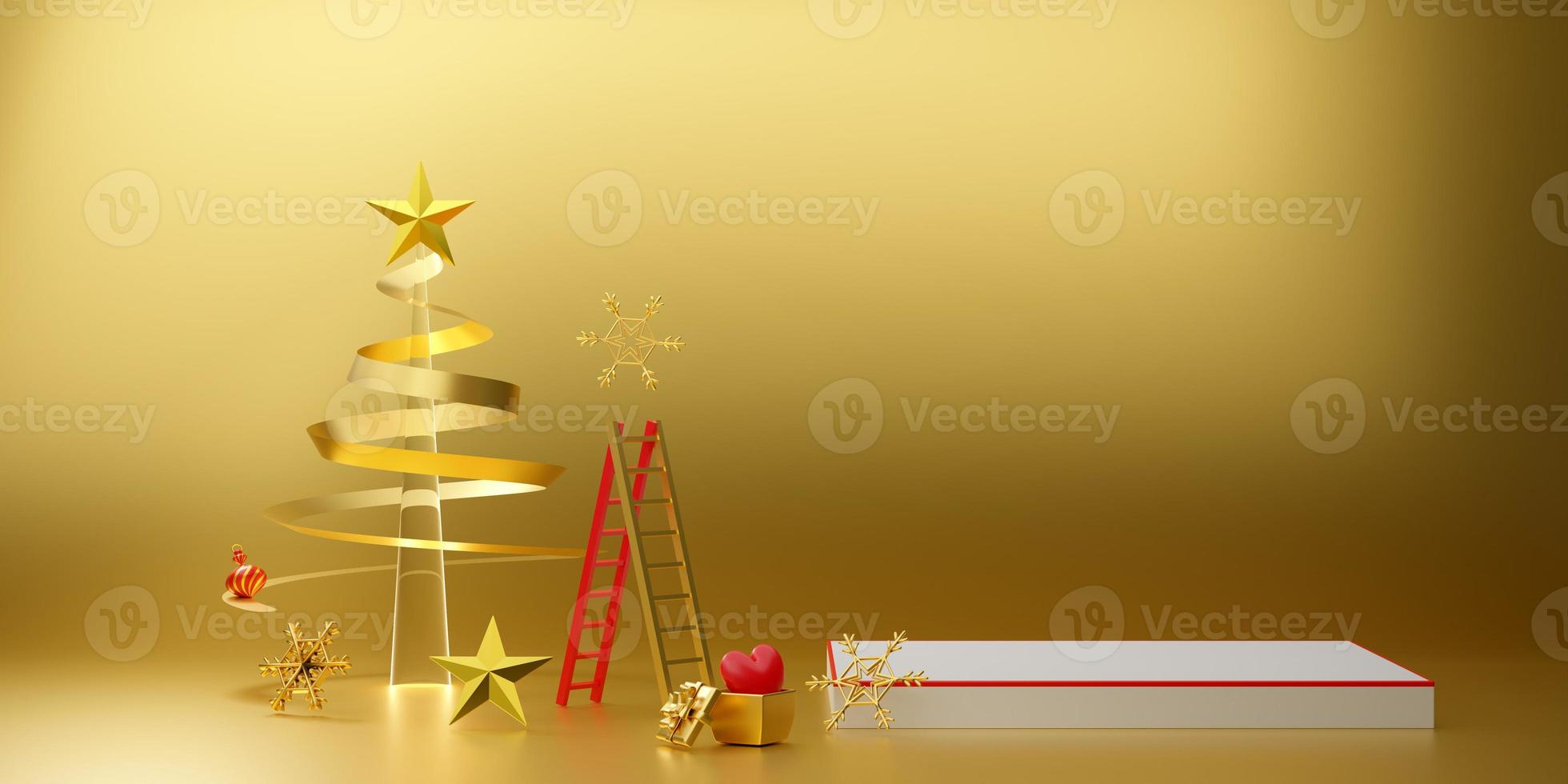 Podium empty and Christmas tree with gift box and ornaments in Gold composition for modern stage display and minimalist mockup ,Concept Christmas and a festive New Year, 3d illustration or 3d render photo