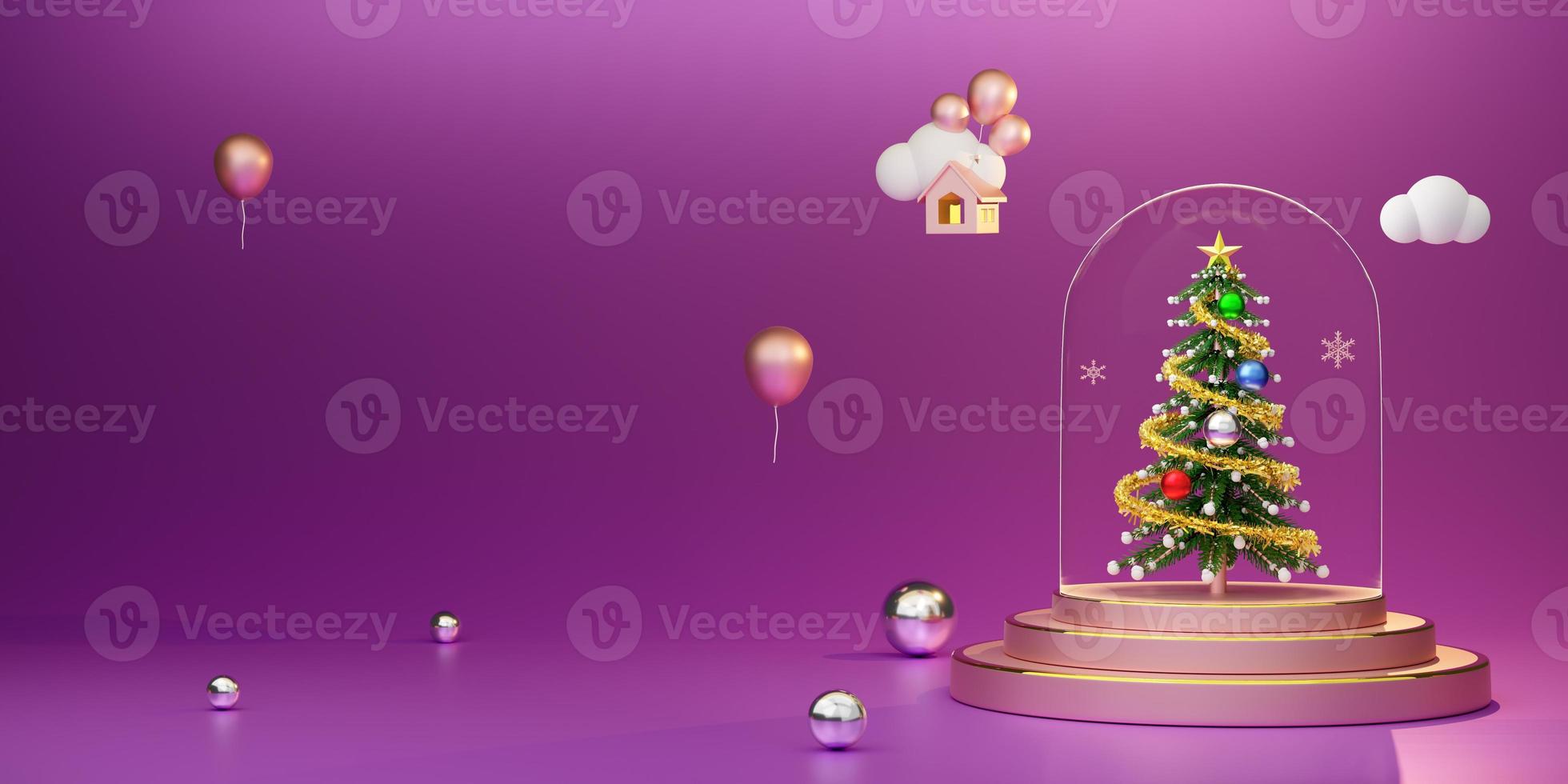 Podium with Christmas tree and snow globe in  purple composition for website or poster or Happiness cards,Christmas banner and festive New Year, realistic 3d illustration or 3d rende photo