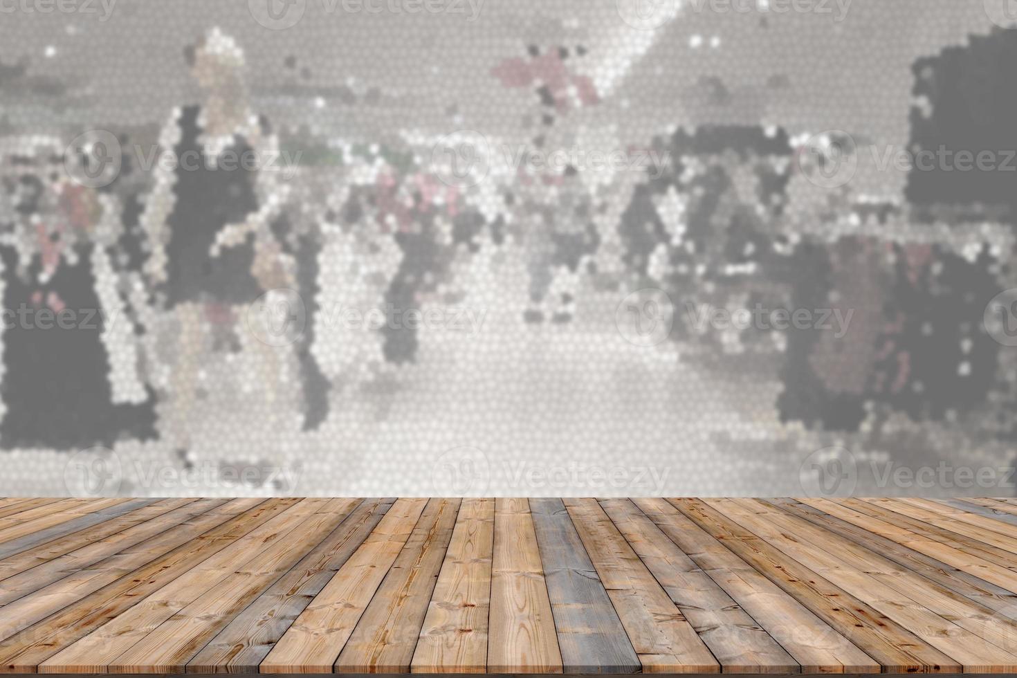 wooden table with shopping mall stained glass blur background photo
