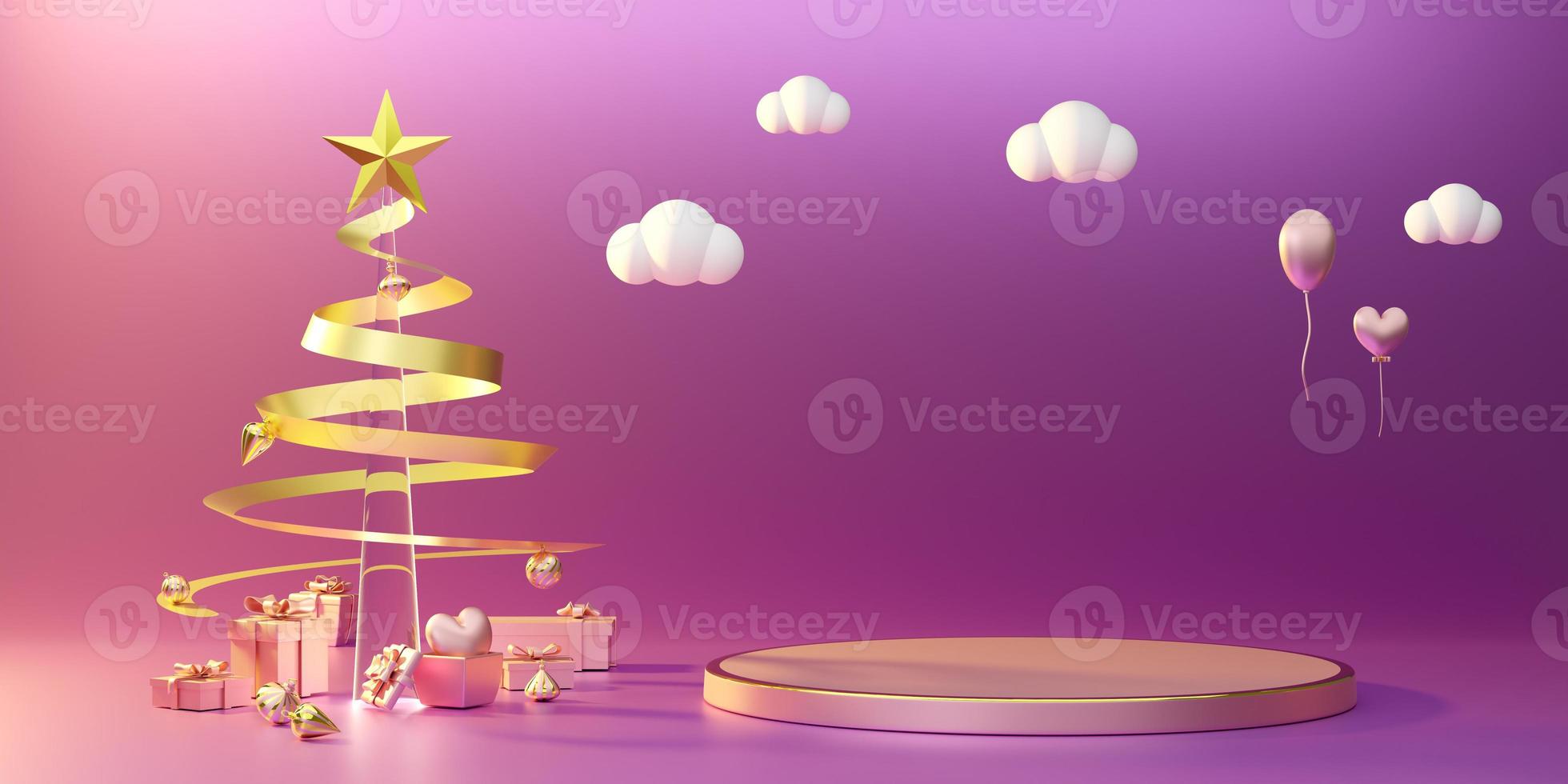 Podium with Christmas tree and ornaments in purple or violet composition for modern stage display and minimalist mockup ,Concept Christmas and a festive New Year, 3d illustration or 3d render photo