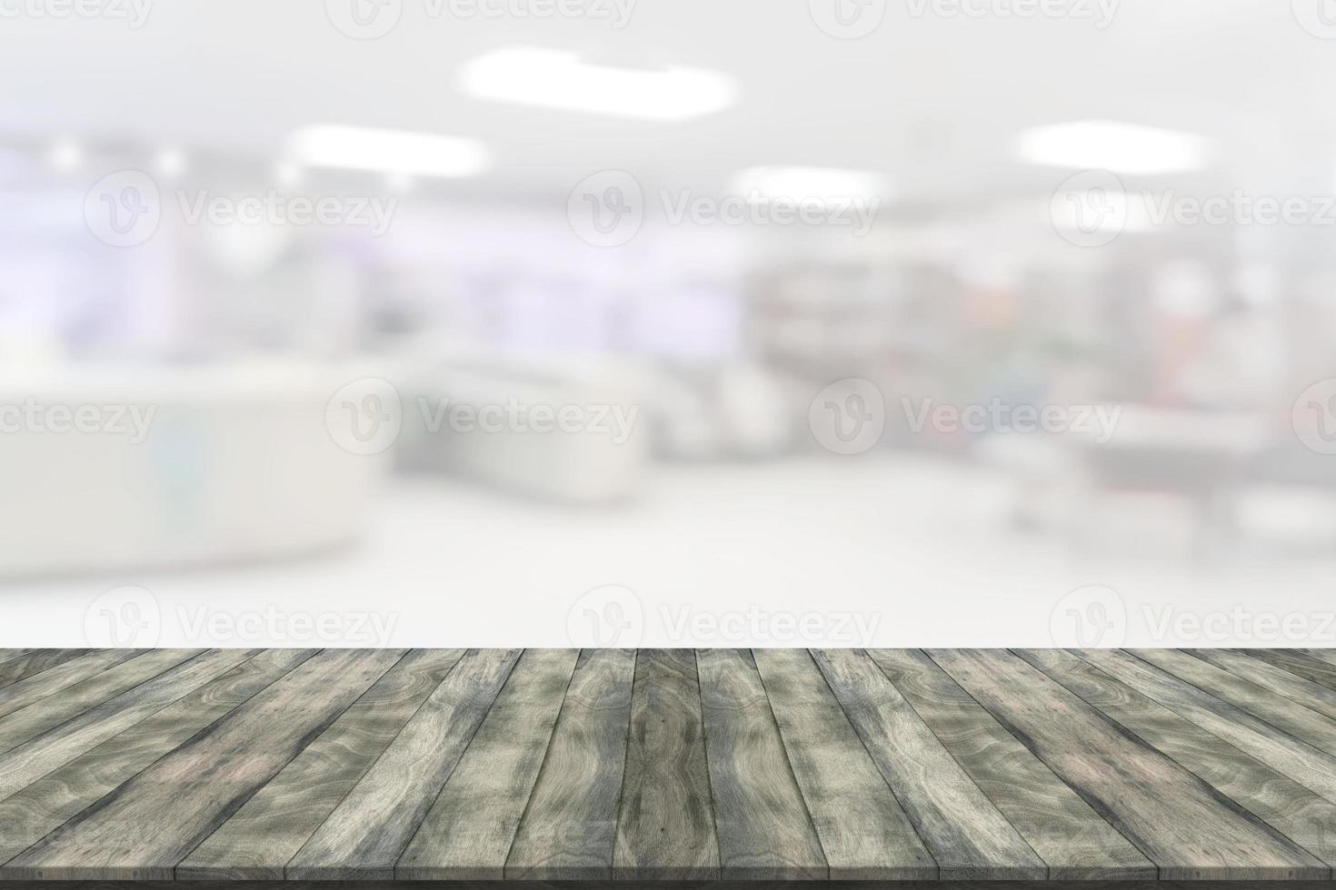 Empty wooden board space platform with library blur background photo