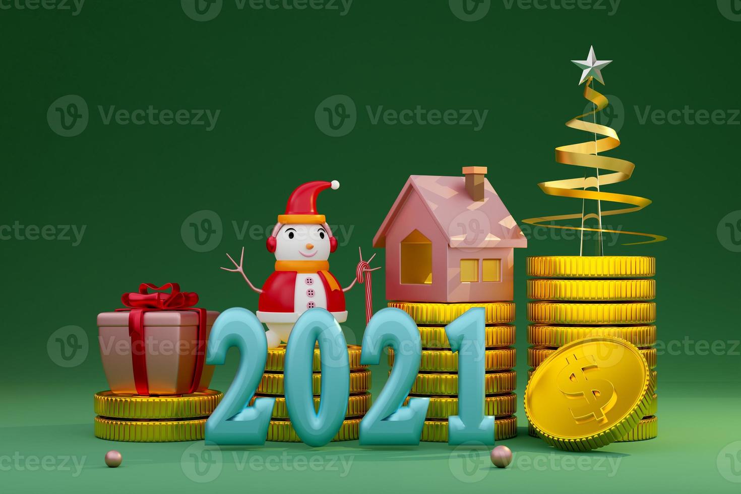 snowman and Gift box with gold coin and Christmas tree in green composition for website or poster or Happiness cards,Christmas banner and festive New Year, realistic 3d illustration or 3d render photo