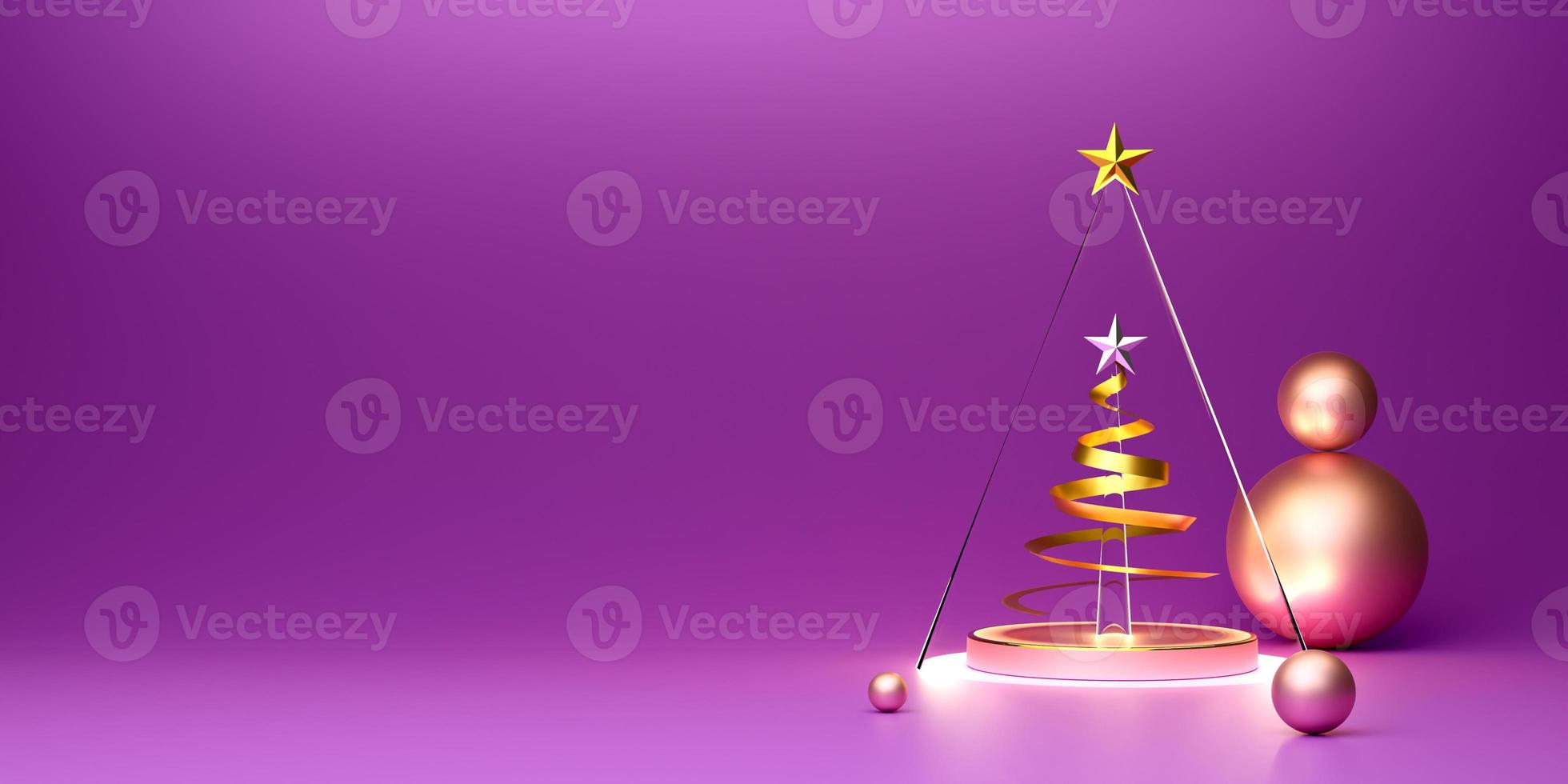 Chrismas tree and ornaments in purple or violet composition for website or poster or Happiness cards,Christmas banner and festive New Year, realistic 3d illustration or 3d render photo