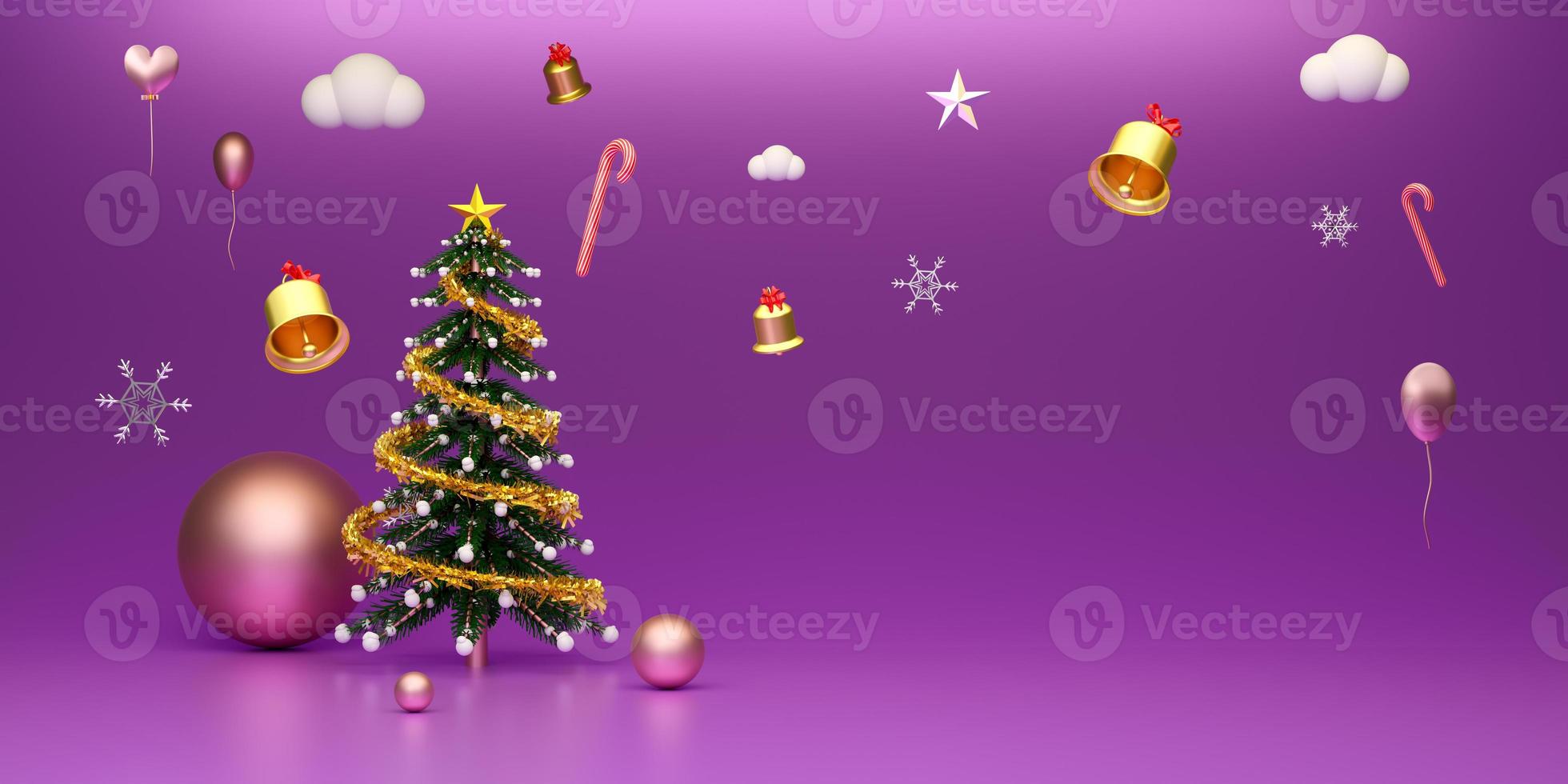 Chrismas tree and ornaments in purple or violet composition for website or poster or Happiness cards,Christmas banner and festive New Year, realistic 3d illustration or 3d render photo