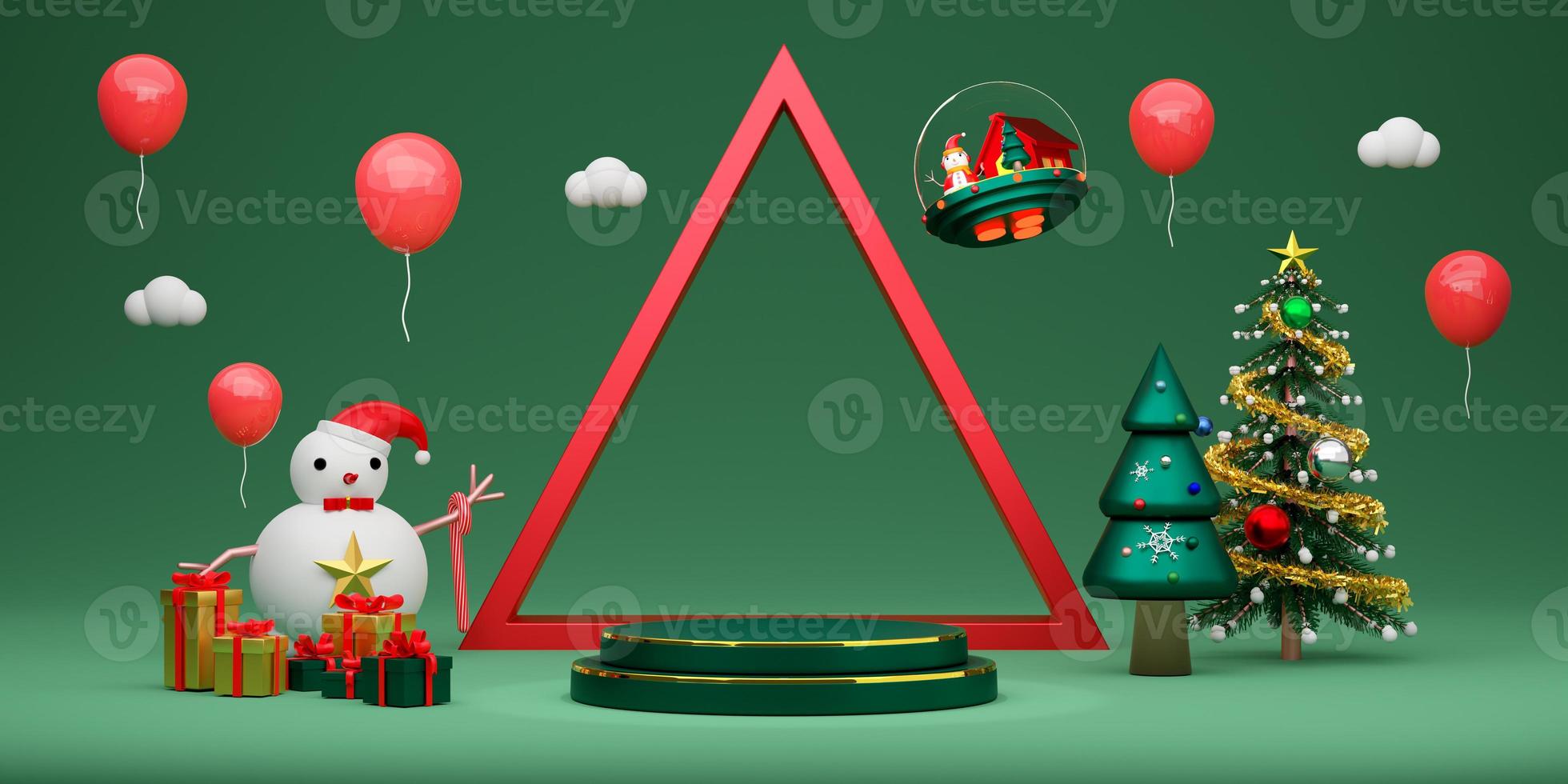 Podium and snowman with Christmas tree and  geometric shapes in green composition for website or poster or Happiness cards,Christmas banner and festive New Year, realistic 3d illustration or 3d render photo