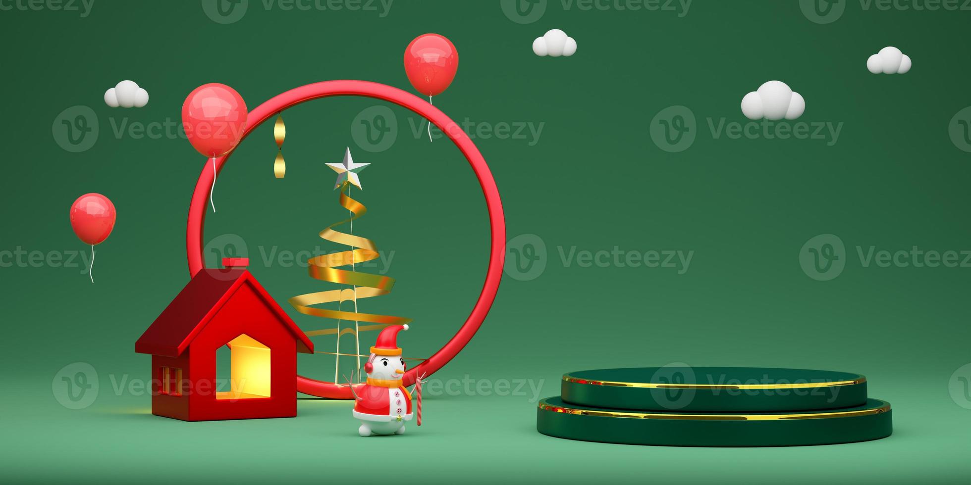 Christmas tree with podium empty and snowman in green composition for website or poster or Happiness cards,Christmas banner and festive New Year, realistic 3d illustration or 3d render photo