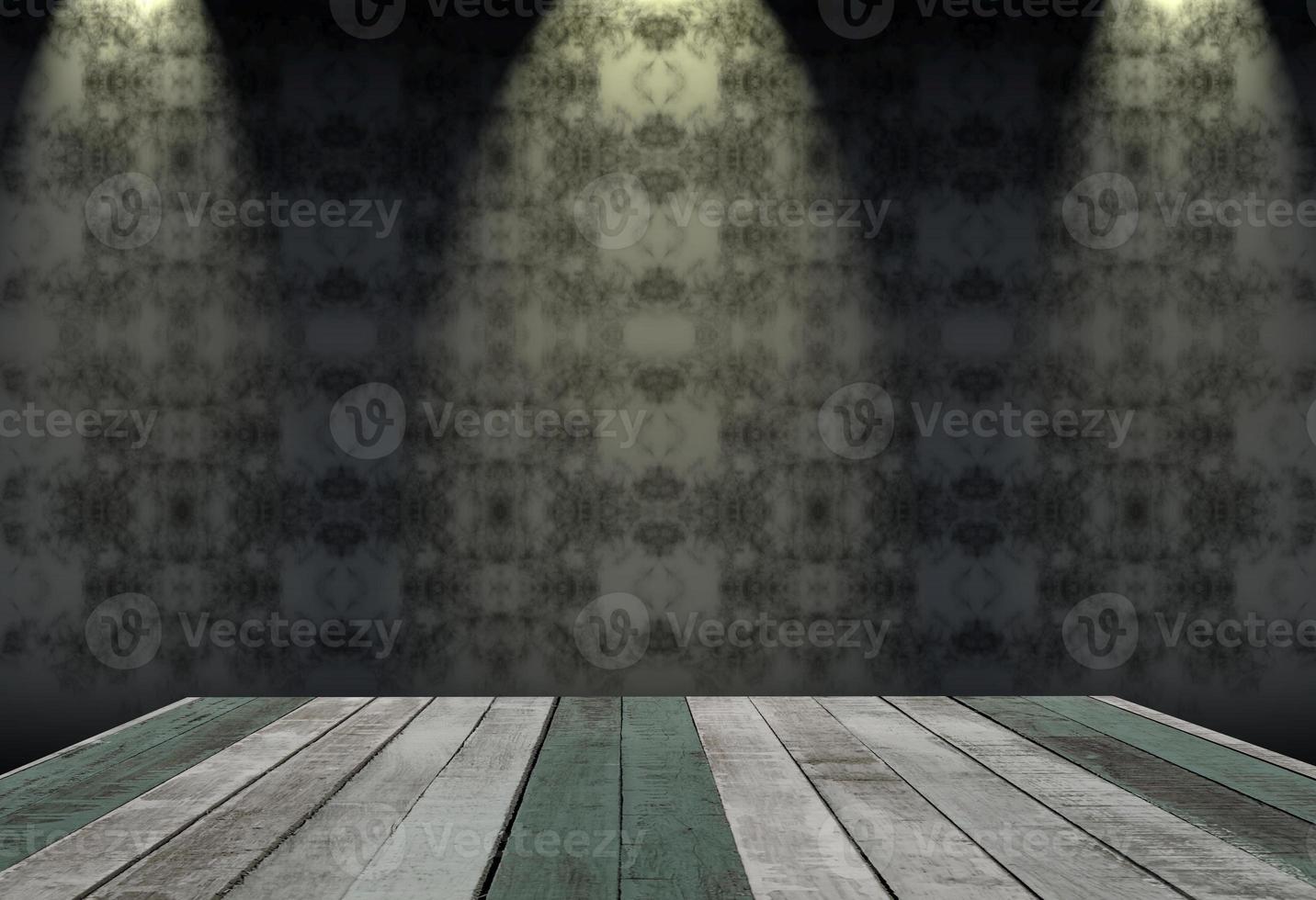 wooden table with abstract background in dark room illuminated by 3 spots photo