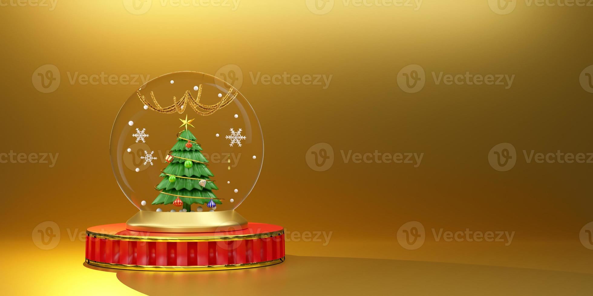snow globe and Christmas tree with snow flakes and ornaments in Gold composition for modern stage display and minimalist mockup ,Concept Christmas and a festive New Year, 3d illustration or 3d render photo