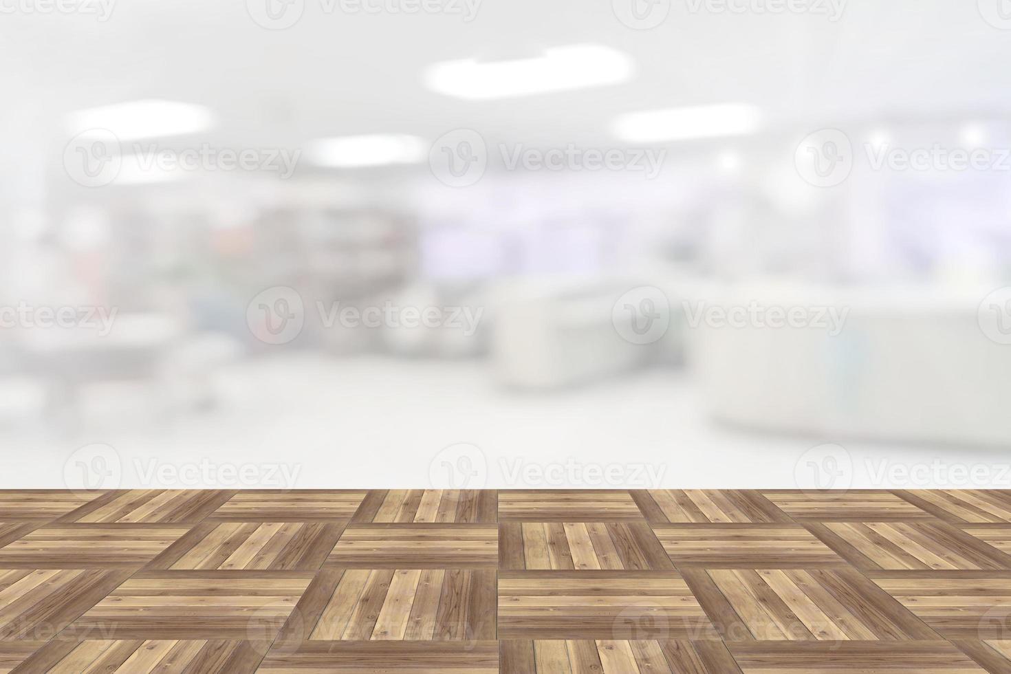 Empty wooden board space platform with library blur background photo