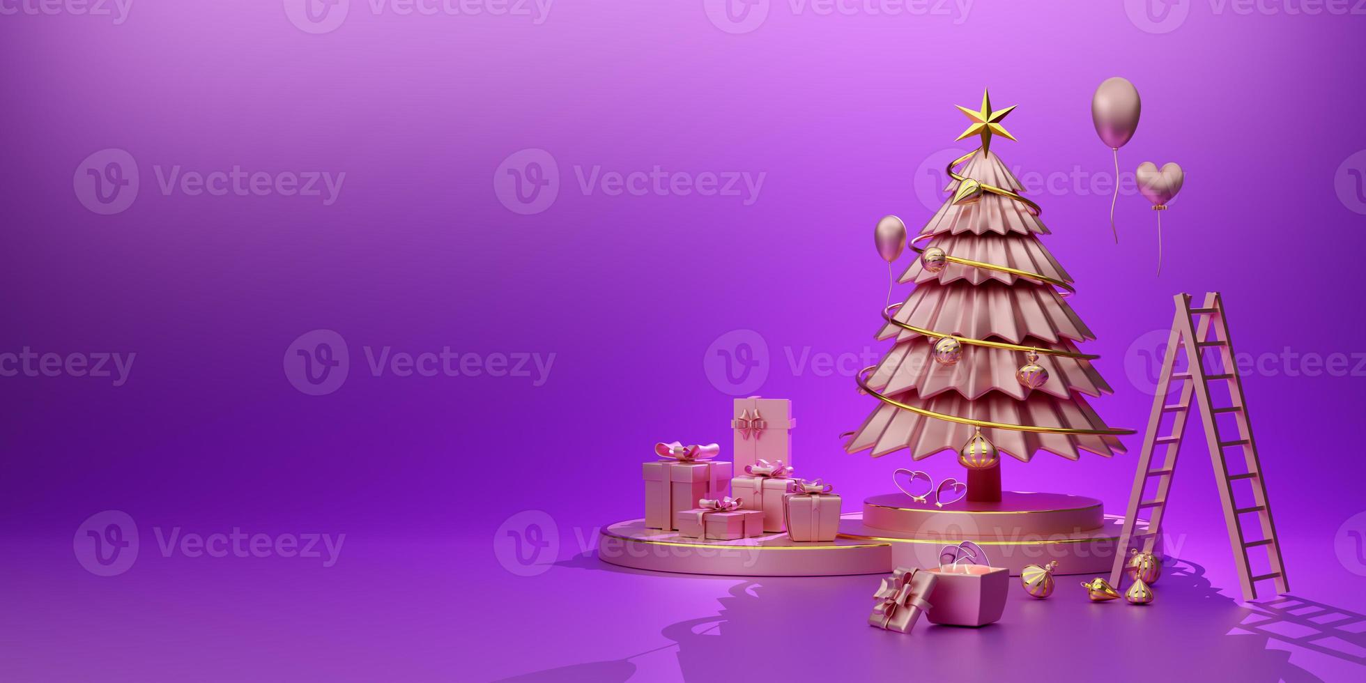 Podium with Christmas tree and ornaments in purple or violet composition for modern stage display and minimalist mockup ,Concept Christmas and a festive New Year, 3d illustration or 3d render photo