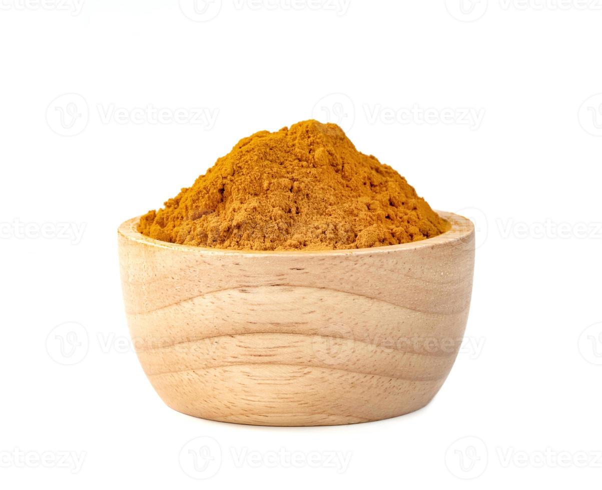 Dry turmeric powder or curcuma longa linn in wooden bowl isolated on white background. photo