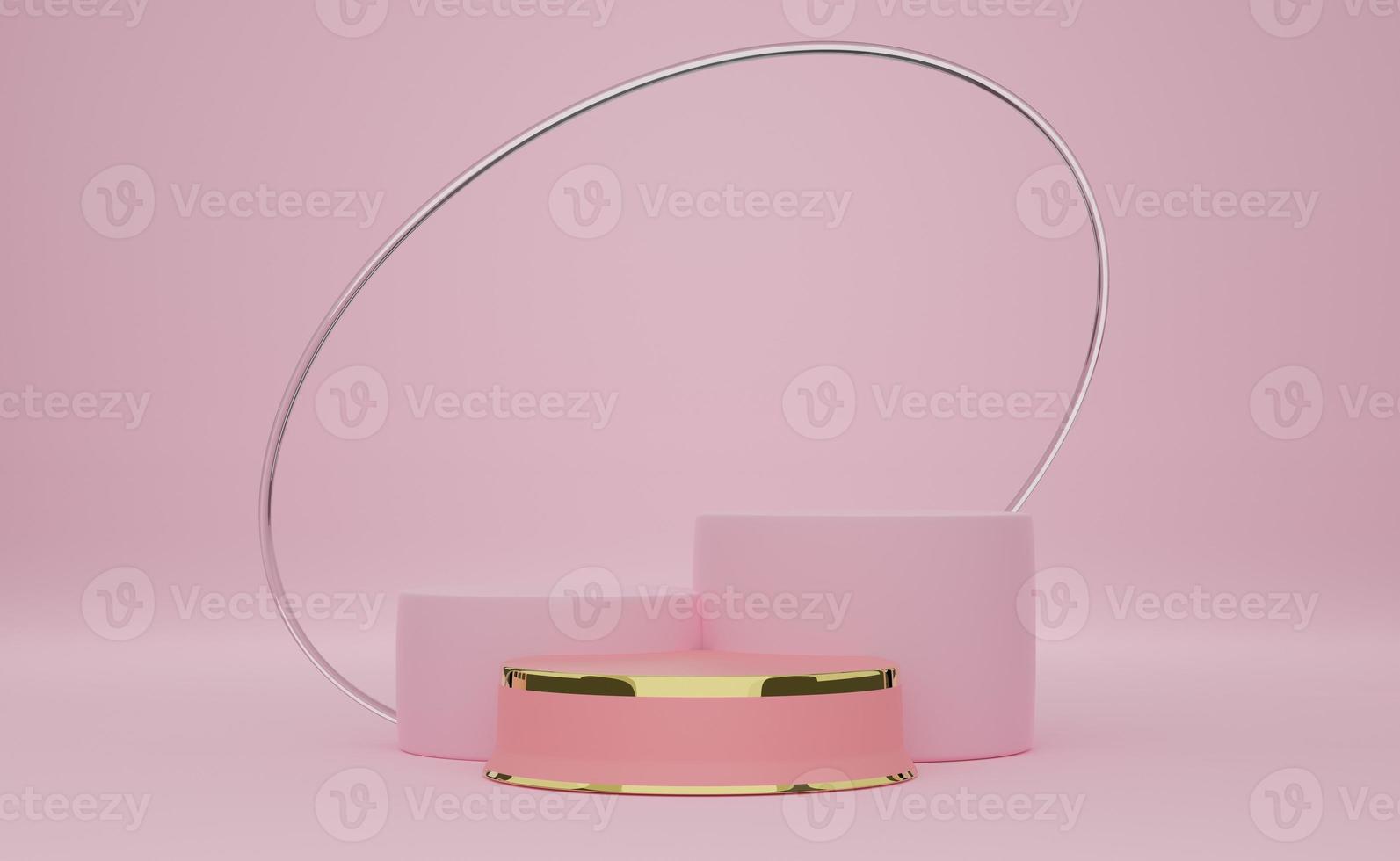 podium empty with geometric shapes in pink pastel composition for modern stage display and minimalist mockup ,abstract showcase background ,Concept 3d illustration or 3d render photo