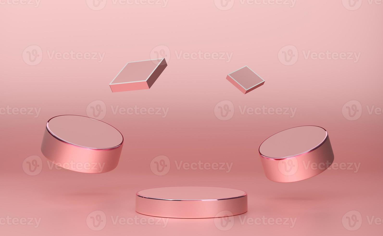 podium empty with geometric shapes in pink pastel composition for modern stage display and minimalist mockup ,abstract showcase background ,Concept 3d illustration or 3d render photo