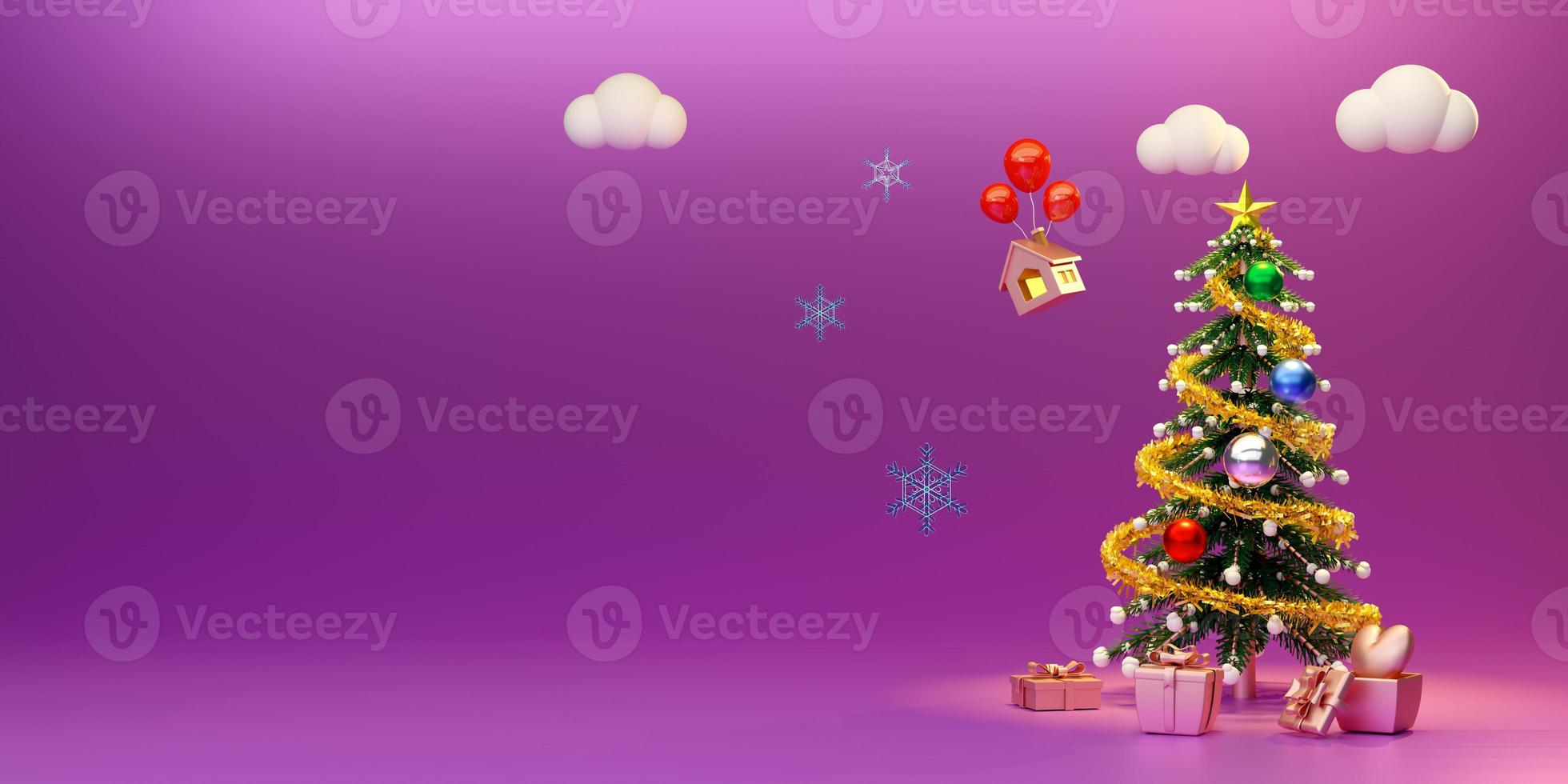 Christmas tree with gift box and ornaments in purple or violet composition for modern stage display and minimalist mockup ,Concept Christmas and a festive New Year, 3d illustration or 3d render photo