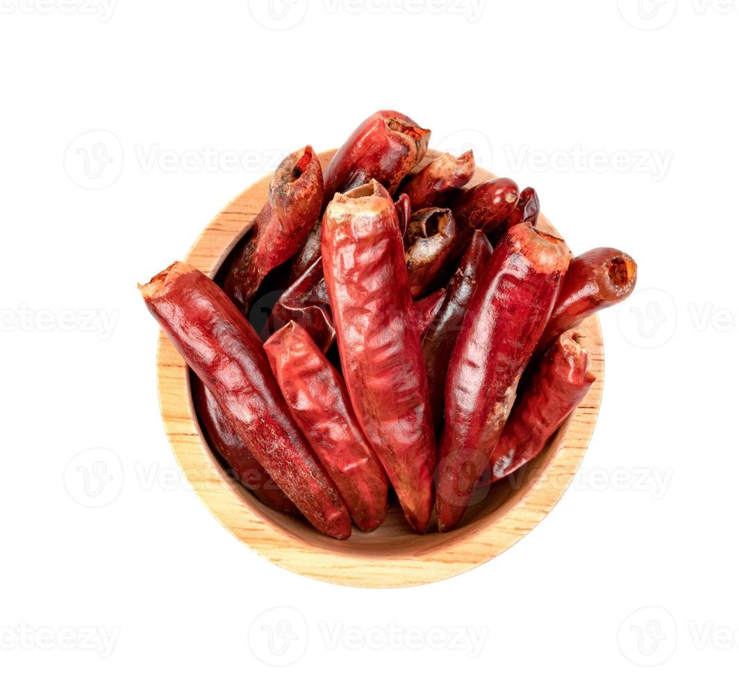 red ground paprika or dry chili pepper in wooden bowl isolated on white background photo