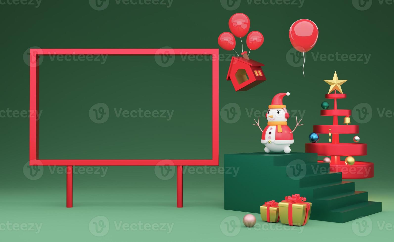 frame Empty and snowman with Christmas tree and geometric  in green composition for website or poster or Happiness cards,Christmas banner and festive New Year, realistic 3d illustration or 3d render photo