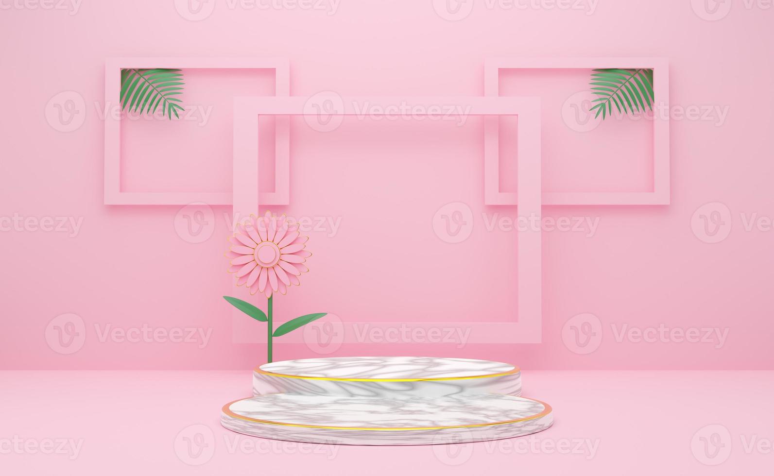 podium empty with geometric shapes in pink pastel composition for modern stage display and minimalist mockup ,abstract showcase background ,Concept 3d illustration or 3d render photo