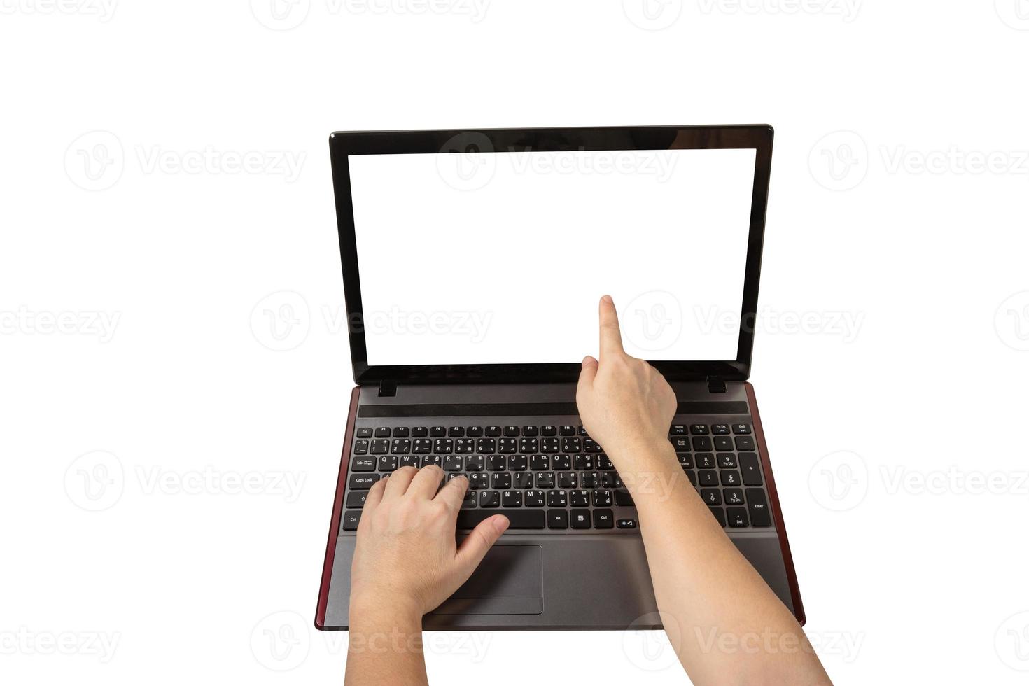 person hand with forefinger pointing at laptop screen isolated on white background,clipping path photo