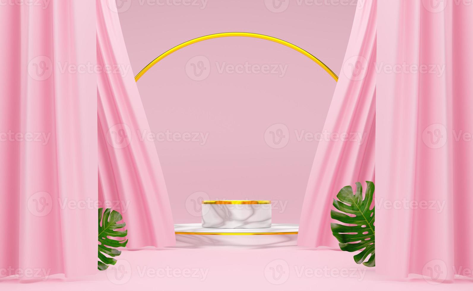 podium empty with geometric shapes and curtain in pink pastel composition for modern stage display and minimalist mockup ,abstract showcase background ,Concept 3d illustration or 3d render photo