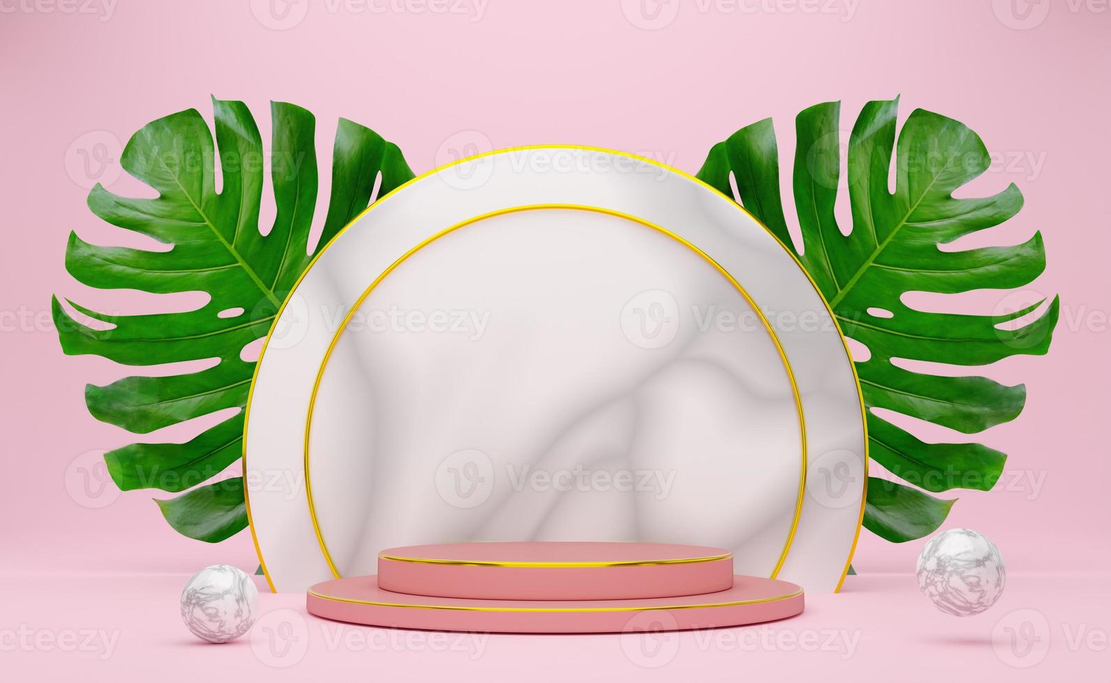 podium empty with geometric shapes in pink pastel composition for modern stage display and minimalist mockup ,abstract showcase background ,Concept 3d illustration or 3d render photo