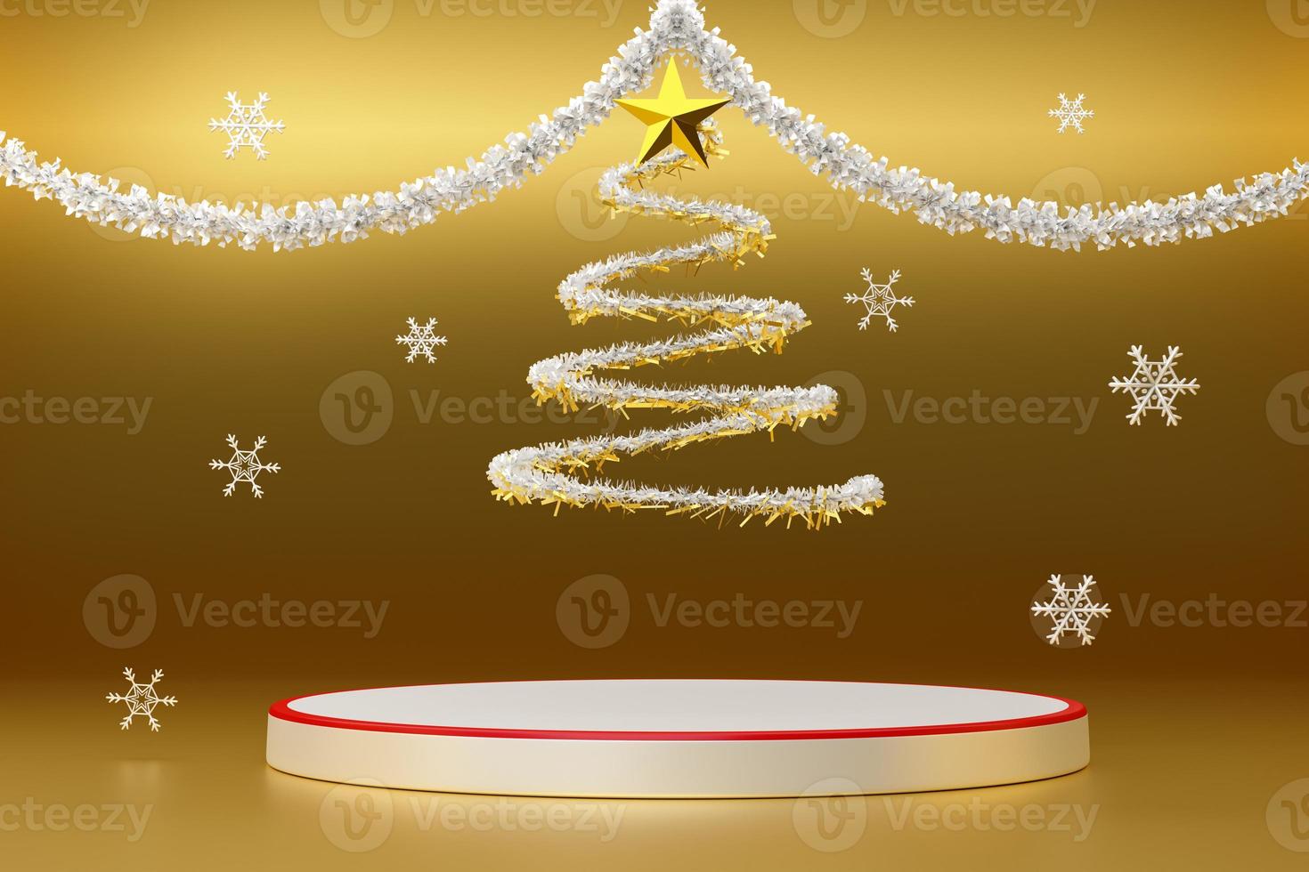 Podium empty and Christmas tree with tinsel and ornaments in Gold composition for modern stage display and minimalist mockup ,Concept Christmas and a festive New Year, 3d illustration or 3d render photo