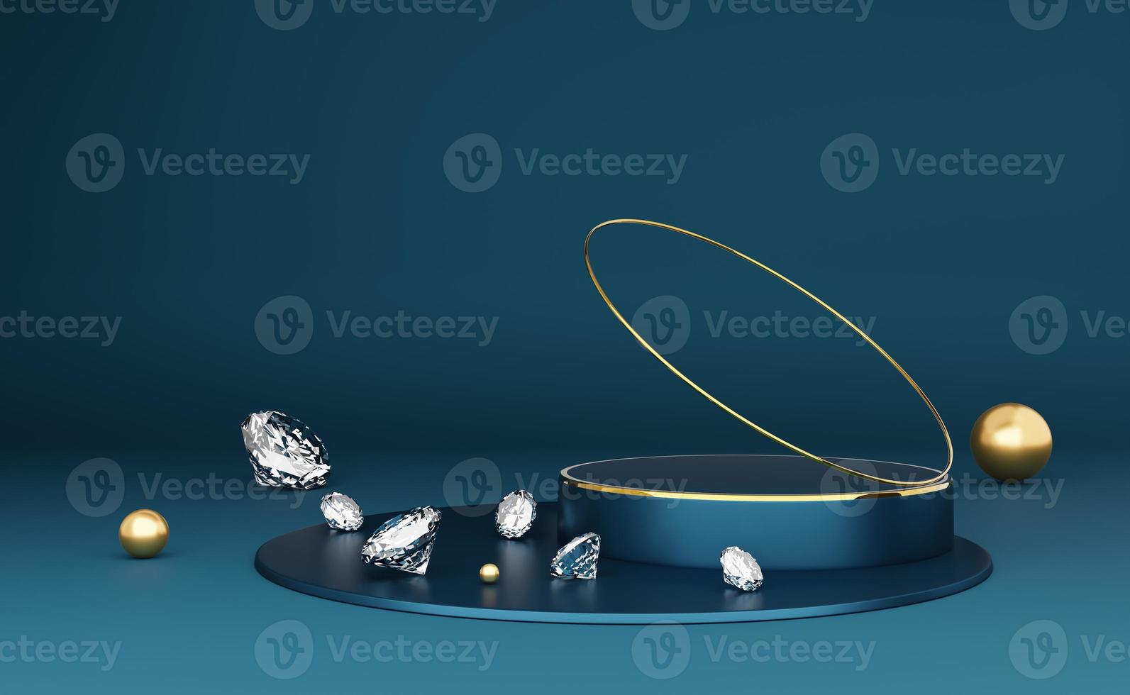podium empty with diamond and geometric shapes in blue composition for modern stage display and minimalist mockup ,abstract showcase background ,Concept 3d illustration or 3d render photo