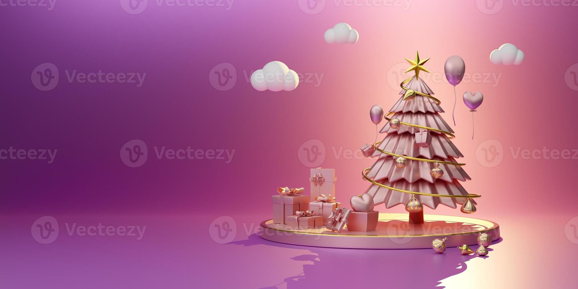 Podium with Christmas tree and ornaments in purple or violet composition for modern stage display and minimalist mockup ,Concept Christmas and a festive New Year, 3d illustration or 3d render photo