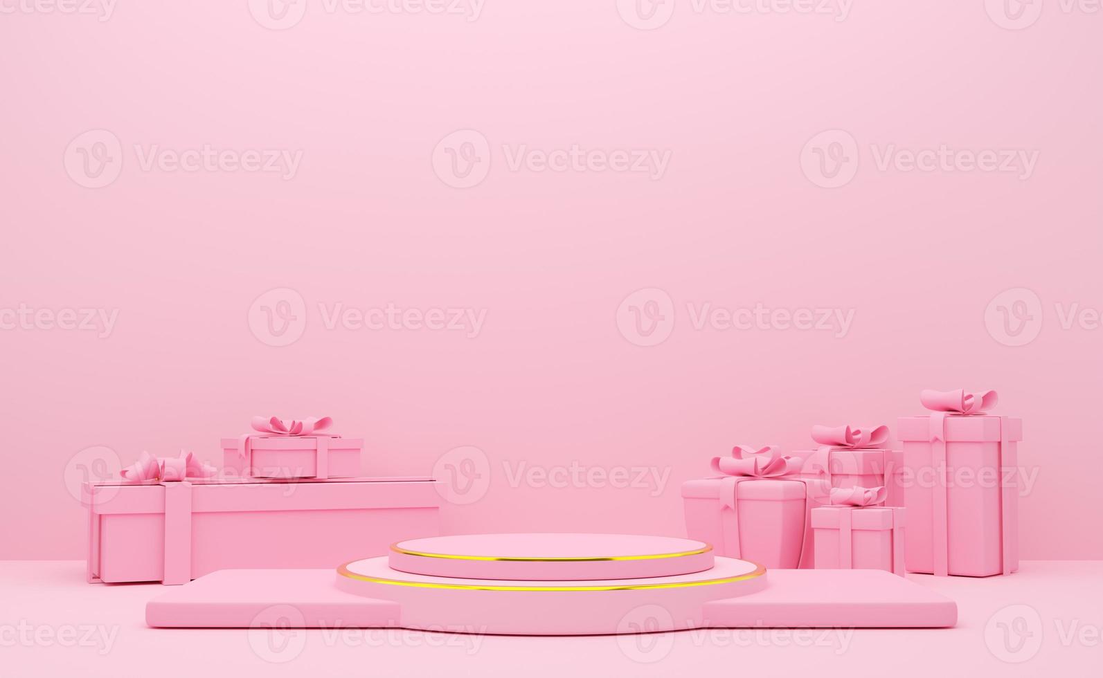 podium empty with geometric shapes in pink pastel composition for modern stage display and minimalist mockup ,abstract showcase background ,Concept 3d illustration or 3d render photo