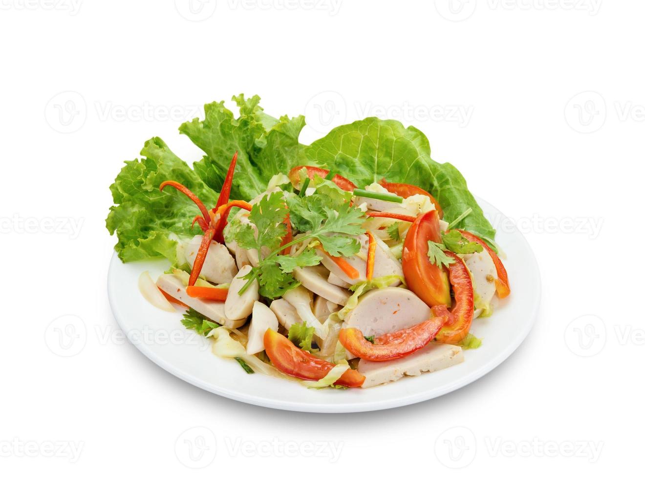 Thai cuisine spicy pork salad on wood background or Yum Moo Yor,clipping path photo