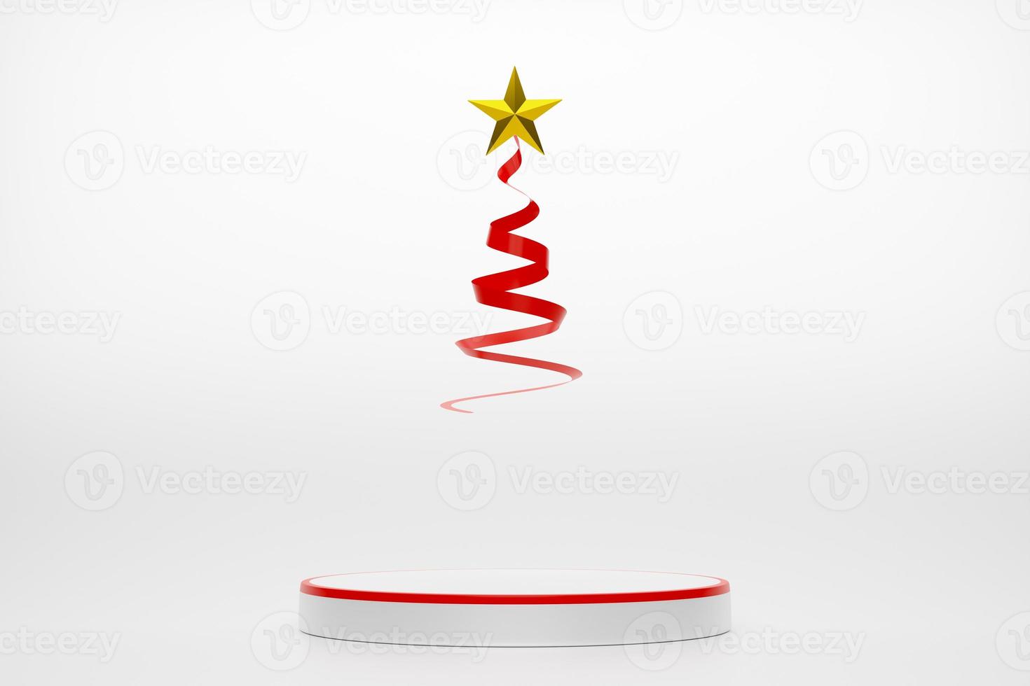 Podium empty and Christmas tree with gift box and ornaments in white composition for modern stage display and minimalist mockup ,Concept Christmas and a festive New Year, 3d illustration or 3d render photo