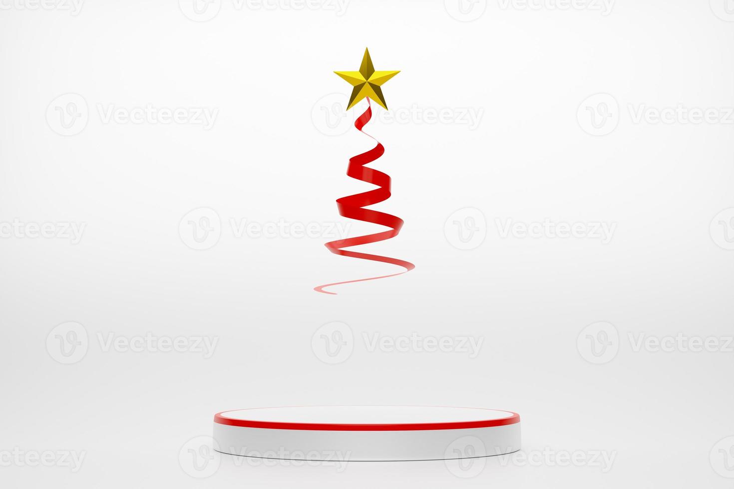 Podium empty and Christmas tree with gift box and ornaments in white composition for modern stage display and minimalist mockup ,Concept Christmas and a festive New Year, 3d illustration or 3d render photo