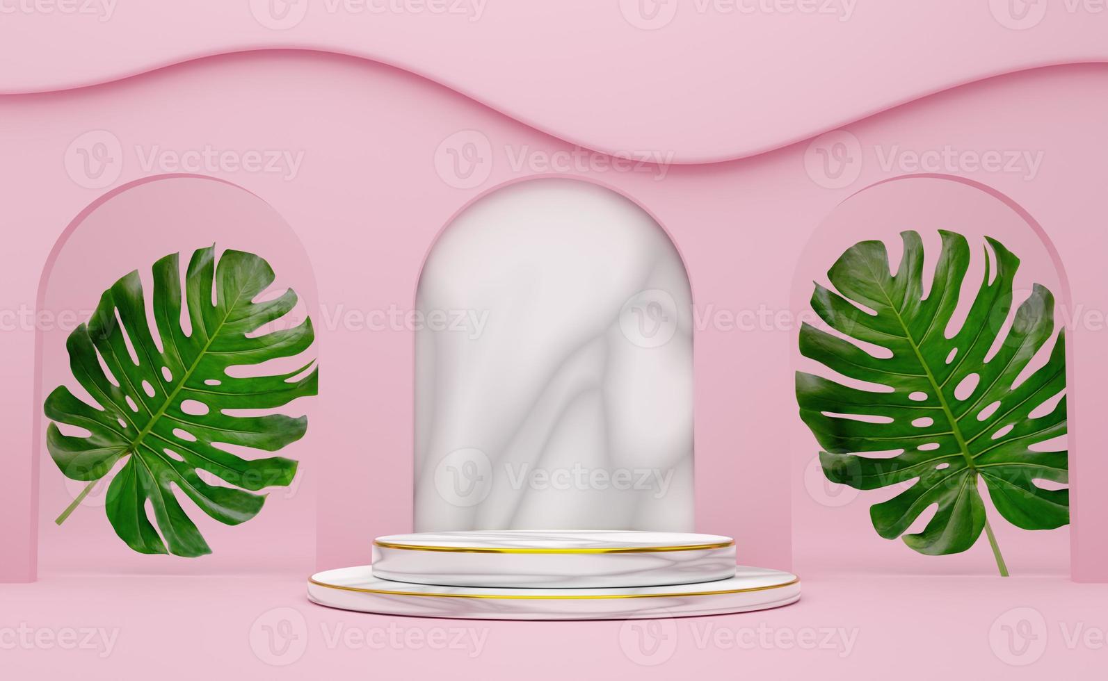 podium empty with geometric shapes in pink pastel composition for modern stage display and minimalist mockup ,abstract showcase background ,Concept 3d illustration or 3d render photo