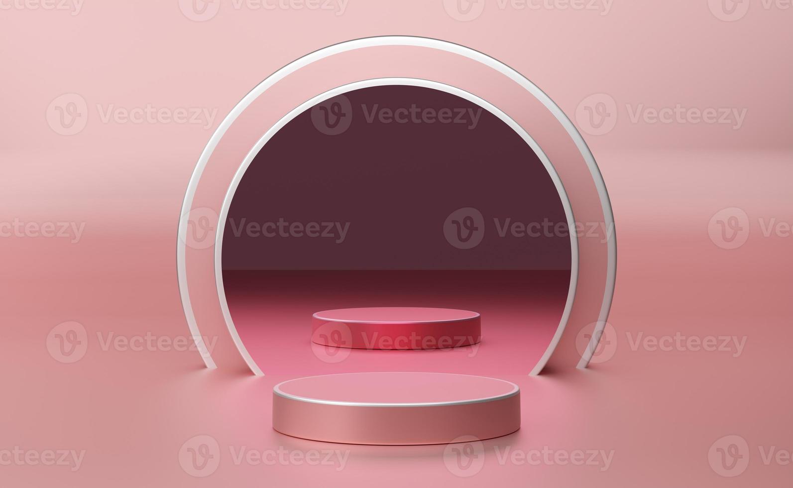 podium empty with geometric shapes in pink pastel composition for modern stage display and minimalist mockup ,abstract showcase background ,Concept 3d illustration or 3d render photo