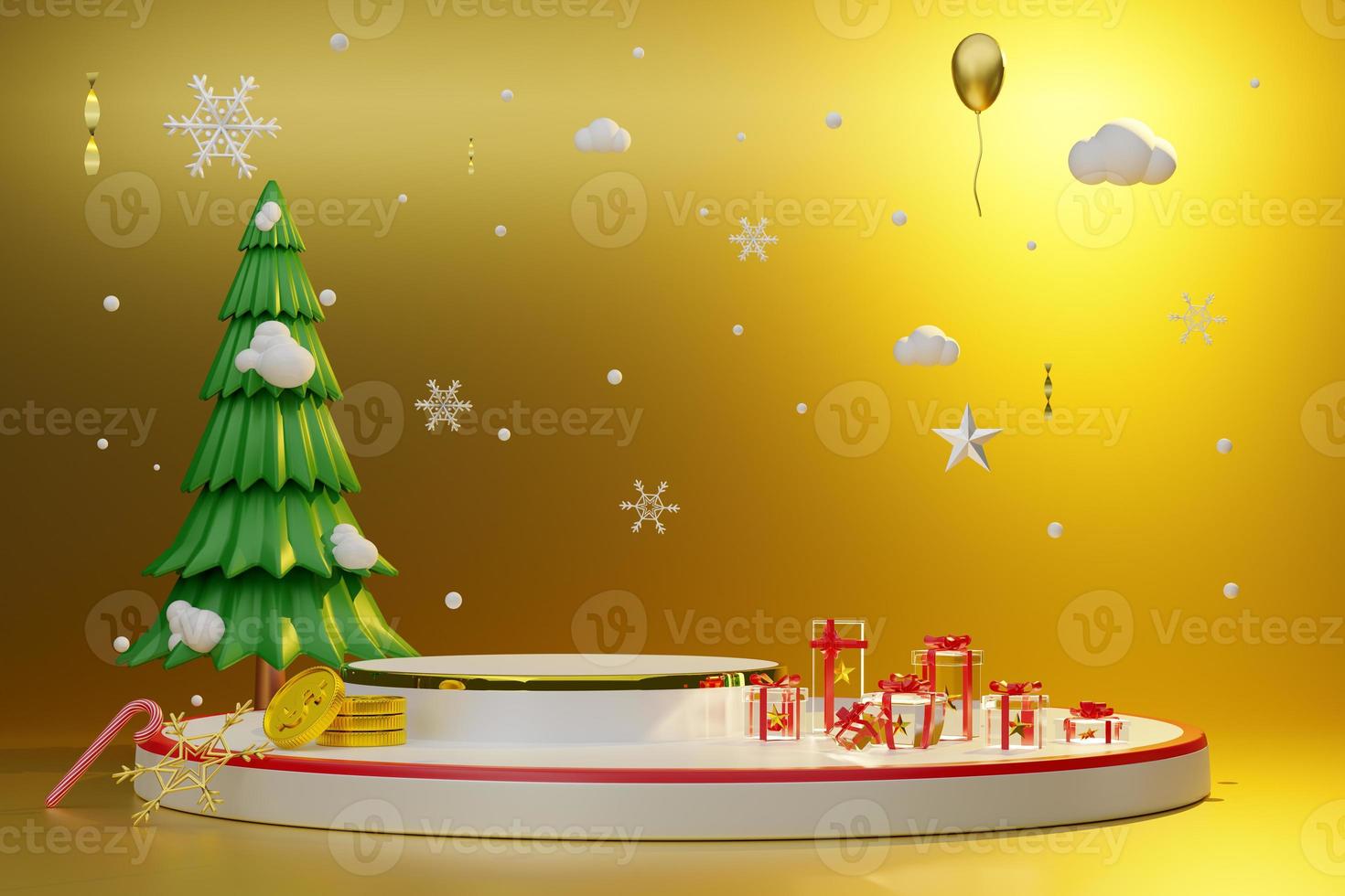 Podium and Christmas tree with gift box and ornaments in Gold composition for modern stage display and minimalist mockup ,Concept Christmas and a festive New Year, 3d illustration or 3d render photo