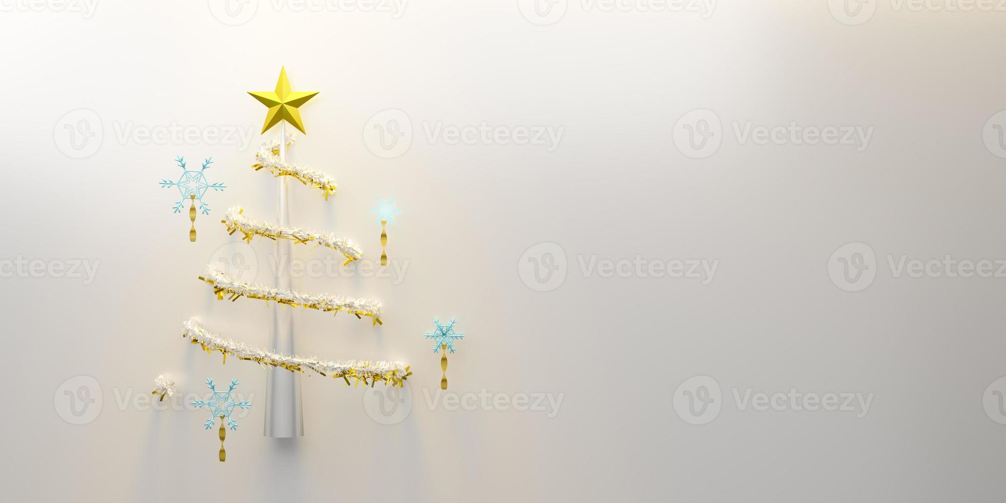 Christmas tree with snow flakes and ornaments in white composition for modern stage display and minimalist mockup ,Concept Christmas and a festive New Year, 3d illustration or 3d render photo