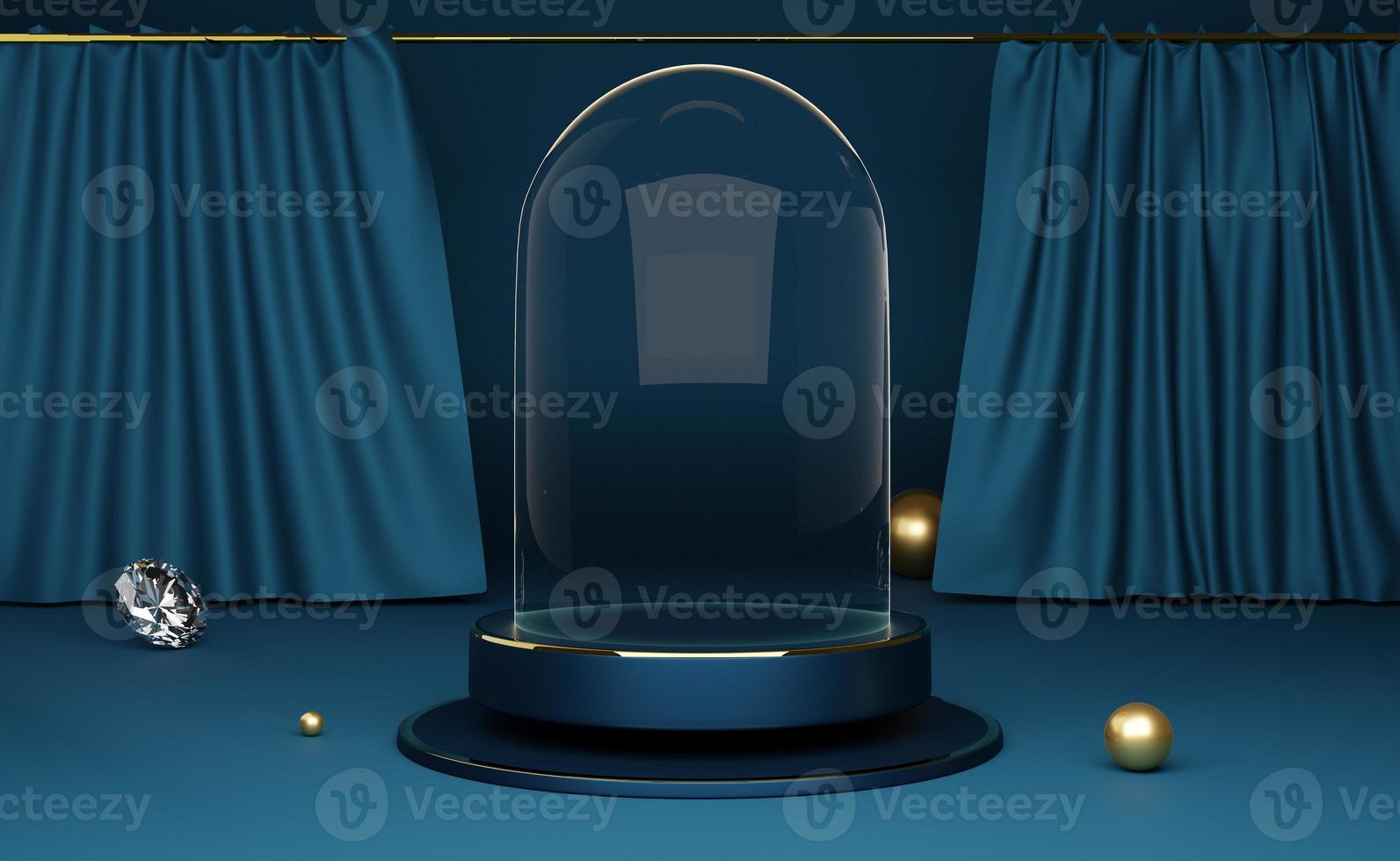 podium empty with geometric shapes in blue composition for modern stage display and minimalist mockup ,abstract showcase background ,Concept 3d illustration or 3d render photo
