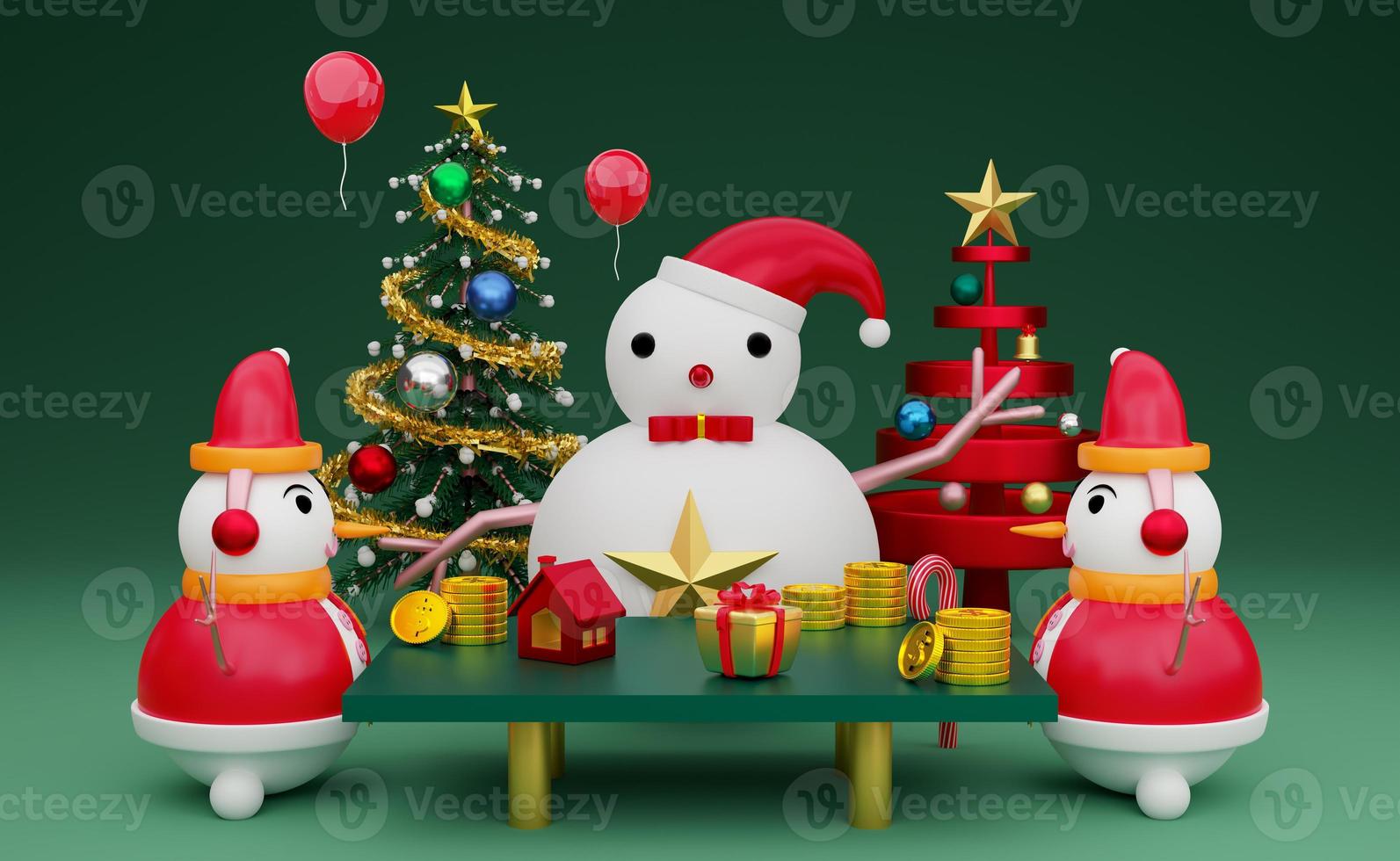 muñeco de nieve y mesa con árbol de navidad y globo en composición verde para sitio web o afiche o tarjetas de felicidad, pancarta de navidad y año nuevo festivo, ilustración 3d realista o renderizado 3d foto