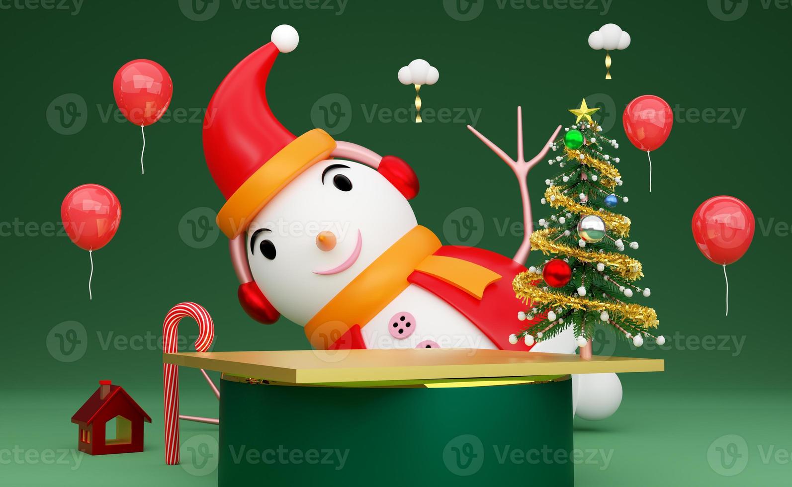 Podium Empty and snowman with Christmas tree and balloonin green composition for website or poster or Happiness cards,Christmas banner and festive New Year, realistic 3d illustration or 3d render photo