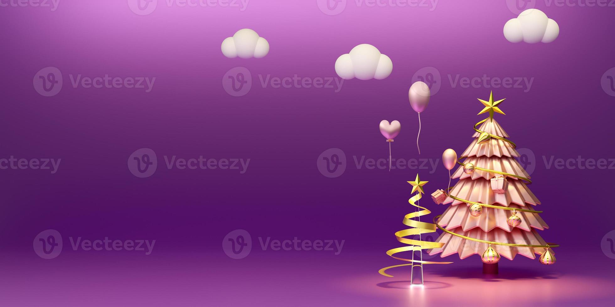 Podium with Christmas tree and ornaments in purple or violet composition for modern stage display and minimalist mockup ,Concept Christmas and a festive New Year, 3d illustration or 3d render photo