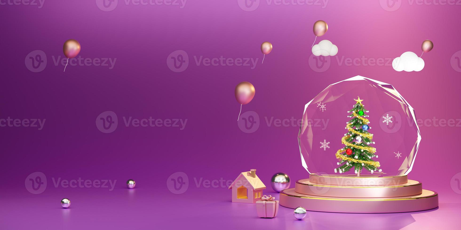 Podium with Christmas tree and snow globe in  purple composition for website or poster or Happiness cards,Christmas banner and festive New Year, realistic 3d illustration or 3d rende photo