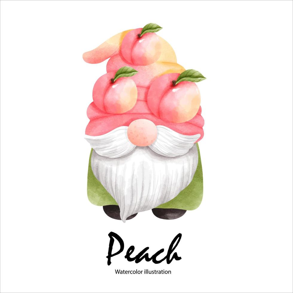 Watercolor peaches, peach gnome watercolor fruit. vector illustration