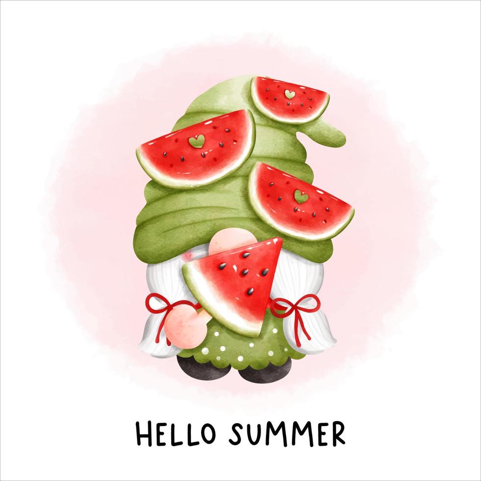 watercolor watermelon gnome, fruit vector illustration