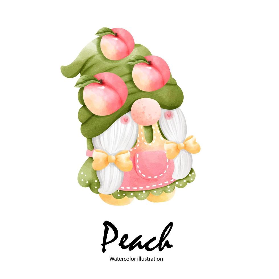 Watercolor peaches, peach gnome watercolor fruit. vector illustration