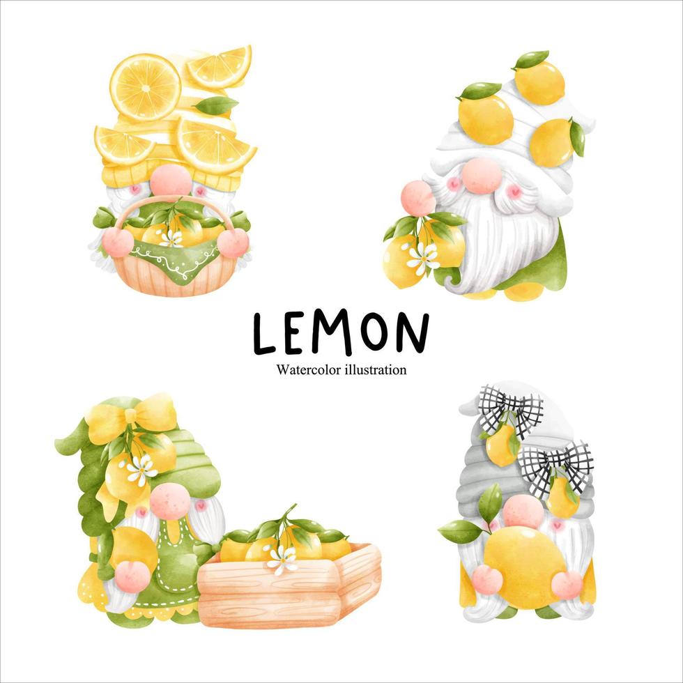 watercolor lemon gnome, citrus vector illustration