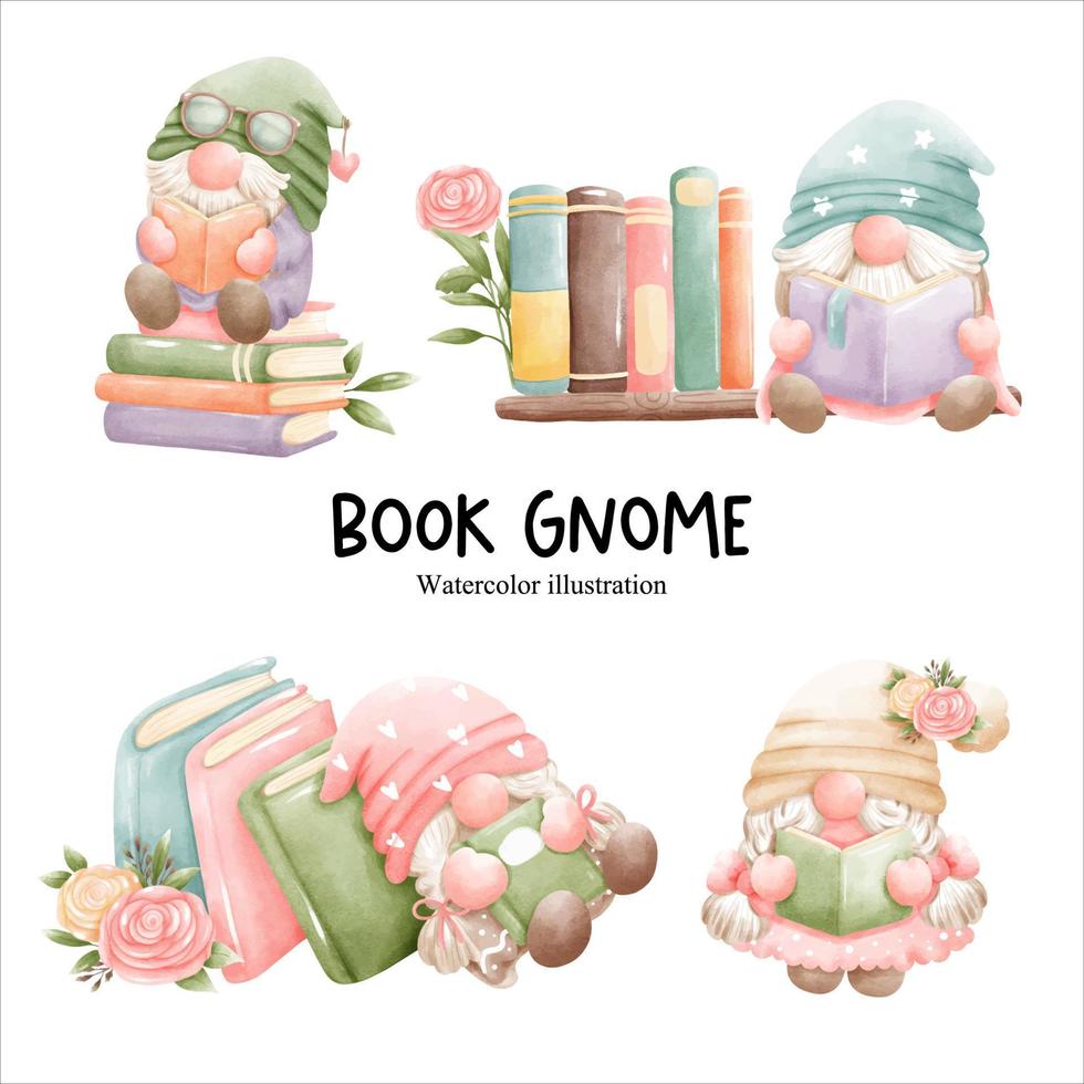 book gnome, library gnome vector illustration