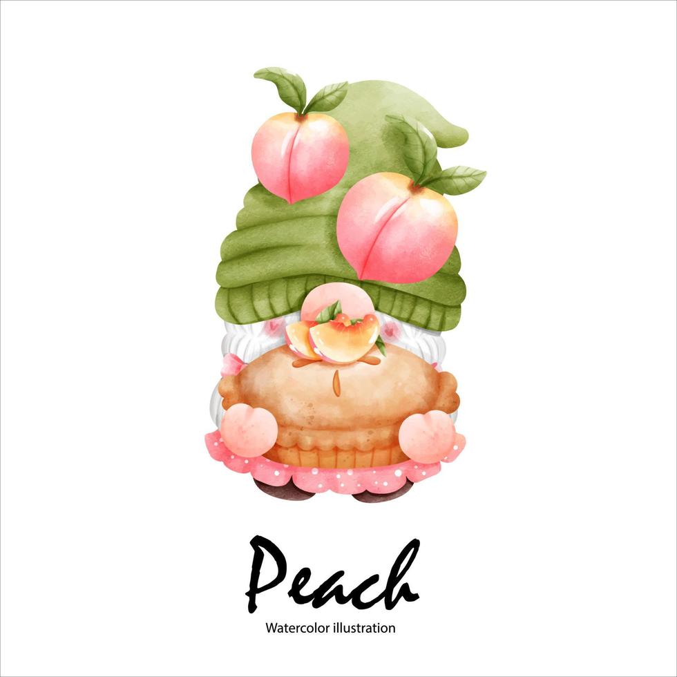Watercolor peaches, peach gnome watercolor fruit. vector illustration